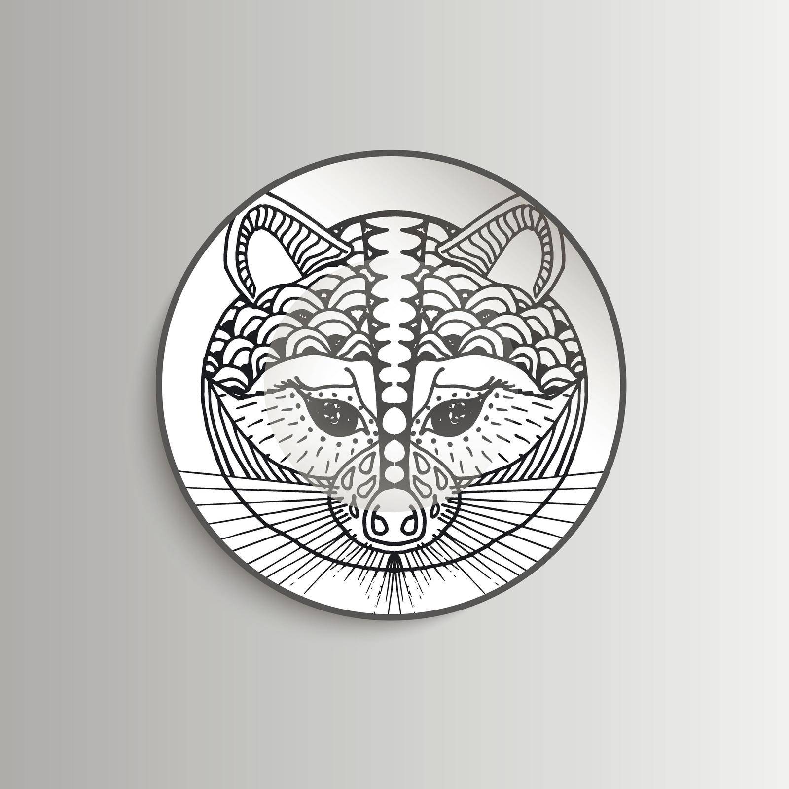 Plate with raccoon pattern - template for prints, fabric and tattoo. Vector illustration. 