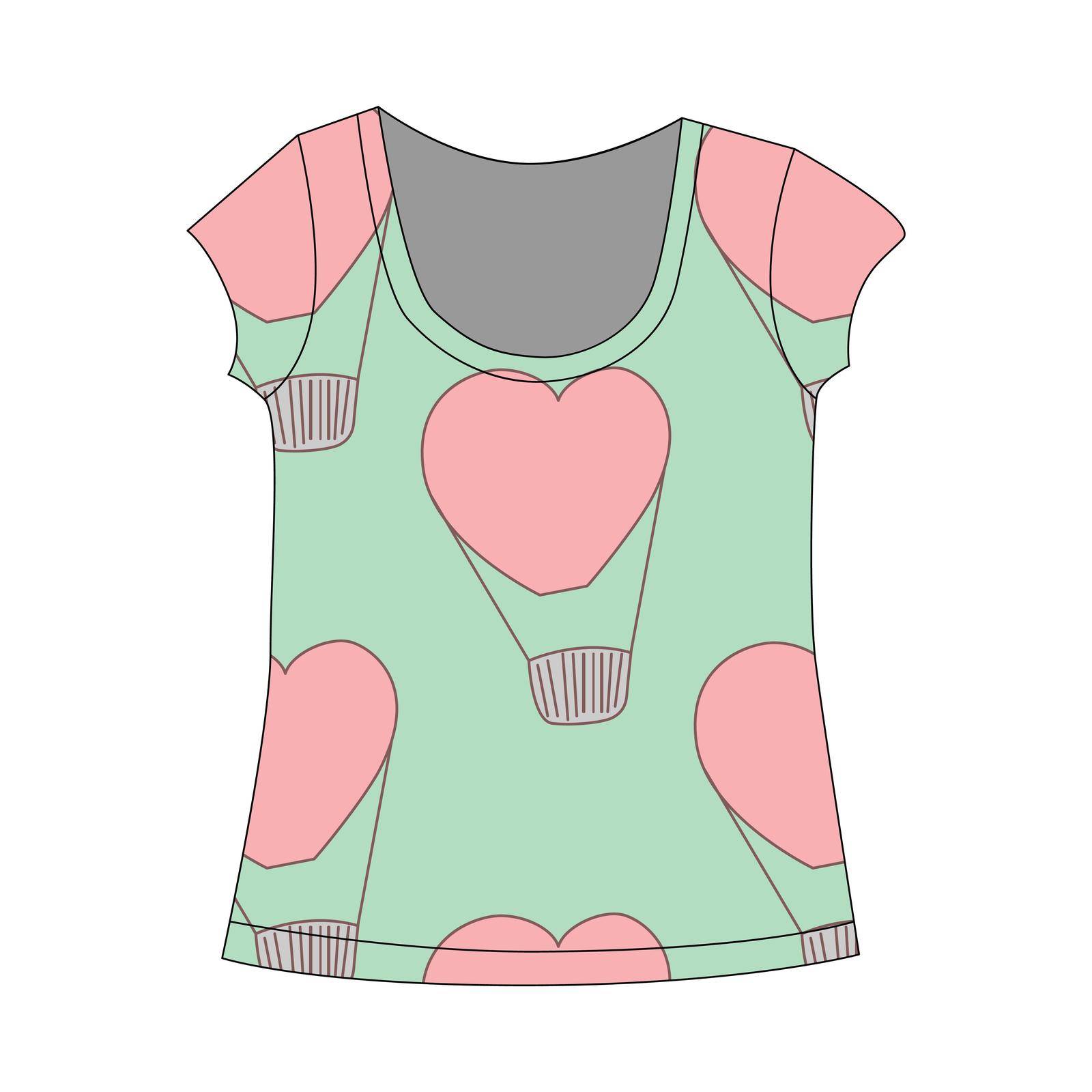 T-shirt template with hearts in boho style - for t-shirt, textile, wrapping paper. Vector illustration