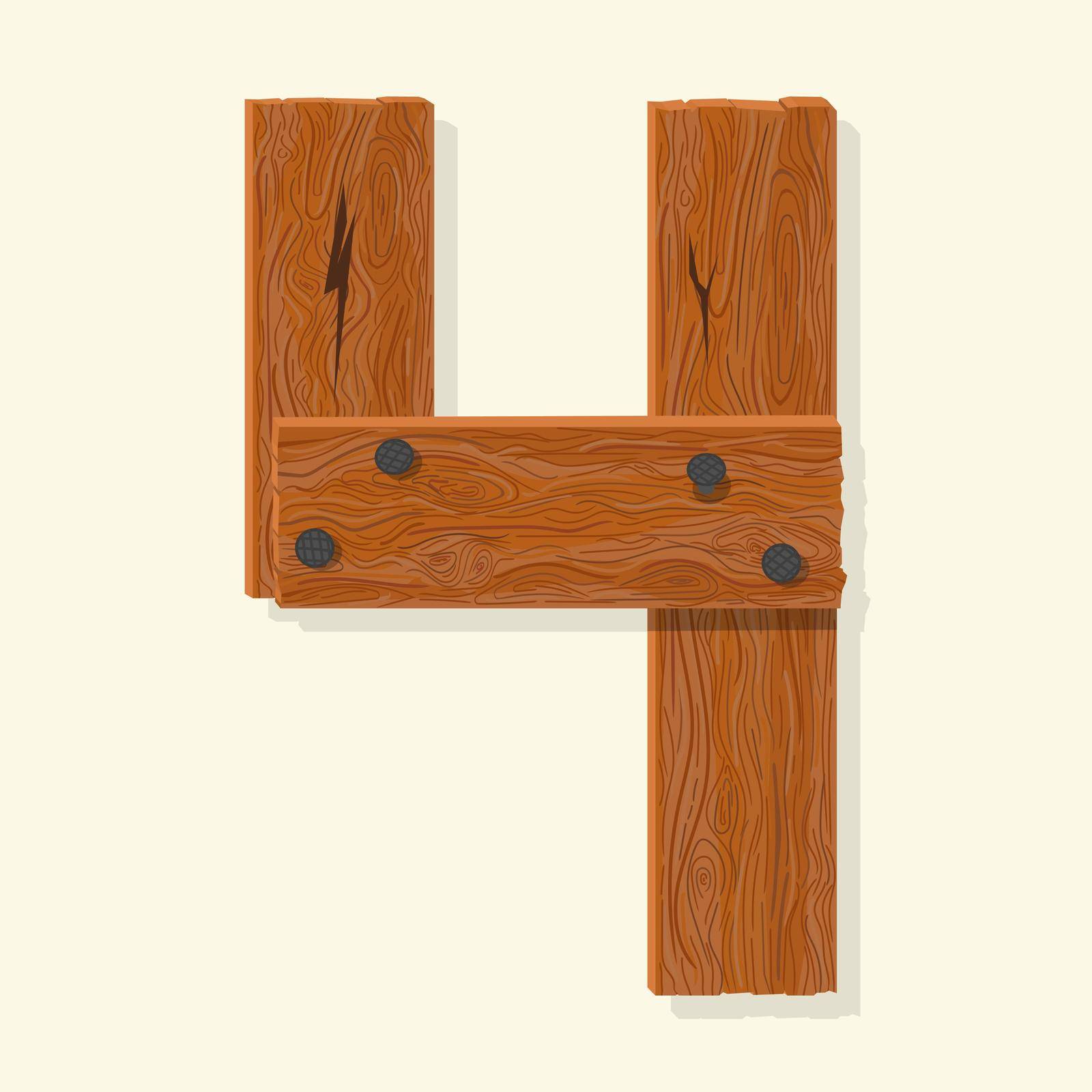 Wood number four, wooden plank numeric digit font made from planks held with nails. Textured brown oak character. Vector