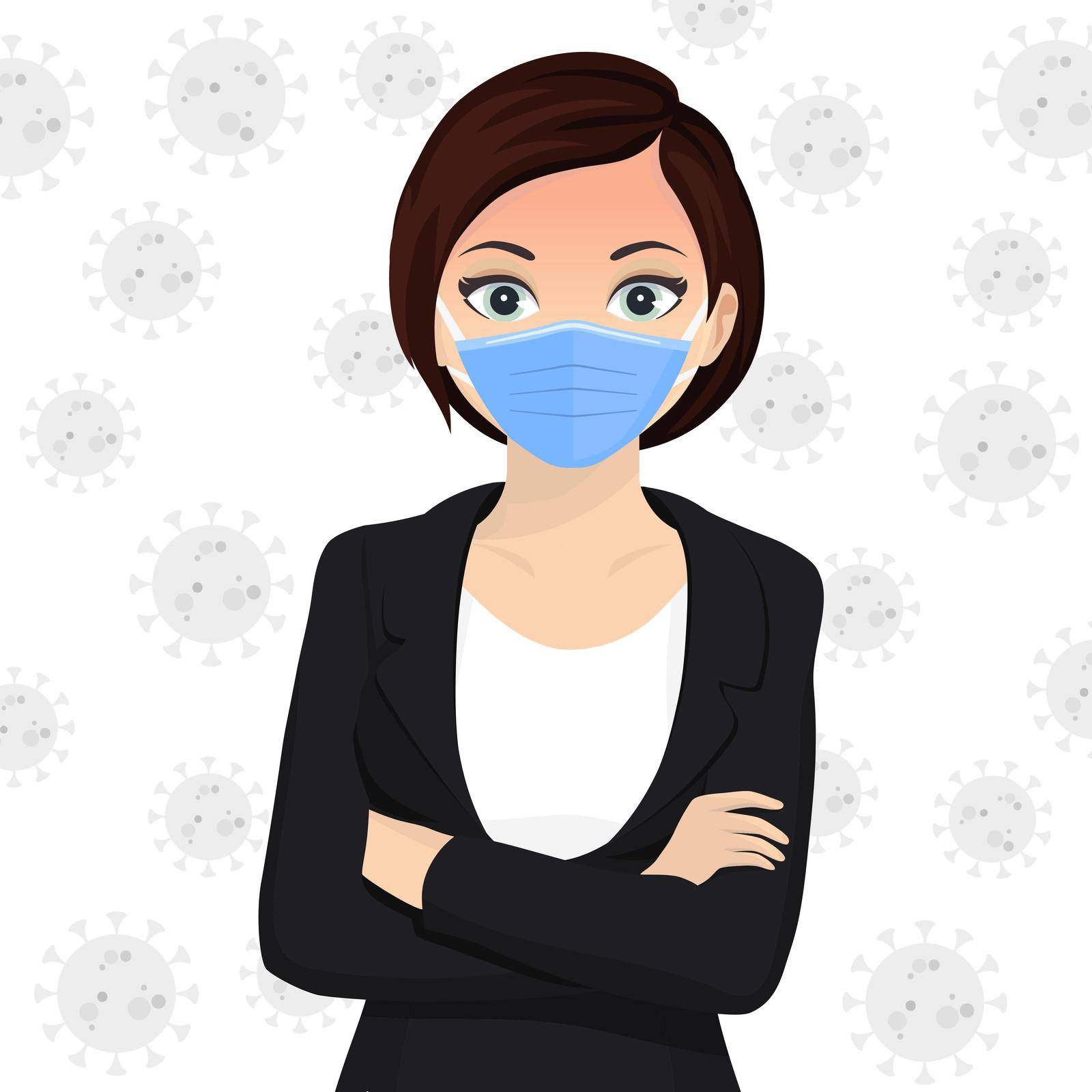 Woman use face mask. Disposable medical surgical blue protective mask among bacteria, flu, influenza, infectious disease. Girl cover mouth and nose from pathogen respiratory infection. Vector