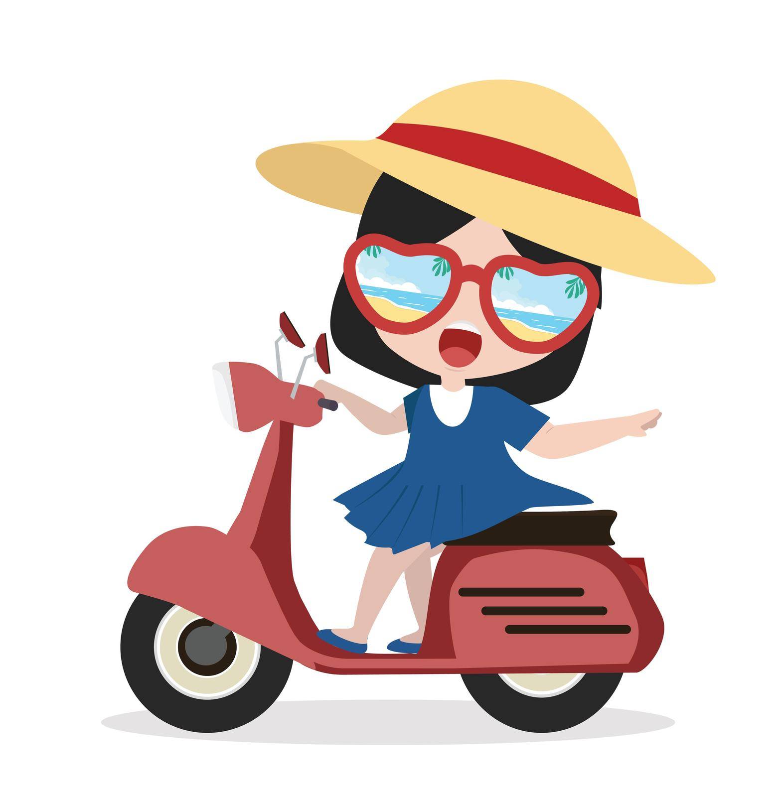 girl Reflection of  beach in sunglasses with red motorcycle Flat design