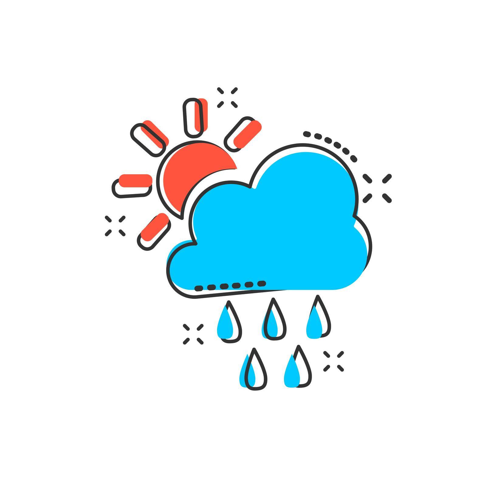 Vector cartoon weather forecast icon in comic style. Sun with clouds concept illustration pictogram. Cloud with rain business splash effect concept. by LysenkoA