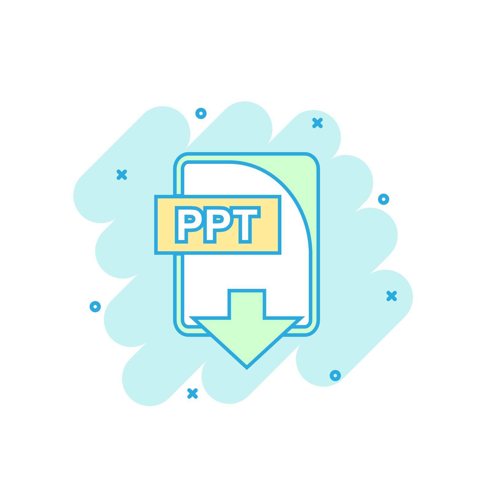 Cartoon colored PPT file icon in comic style. Ppt download illustration pictogram. Document splash business concept.
