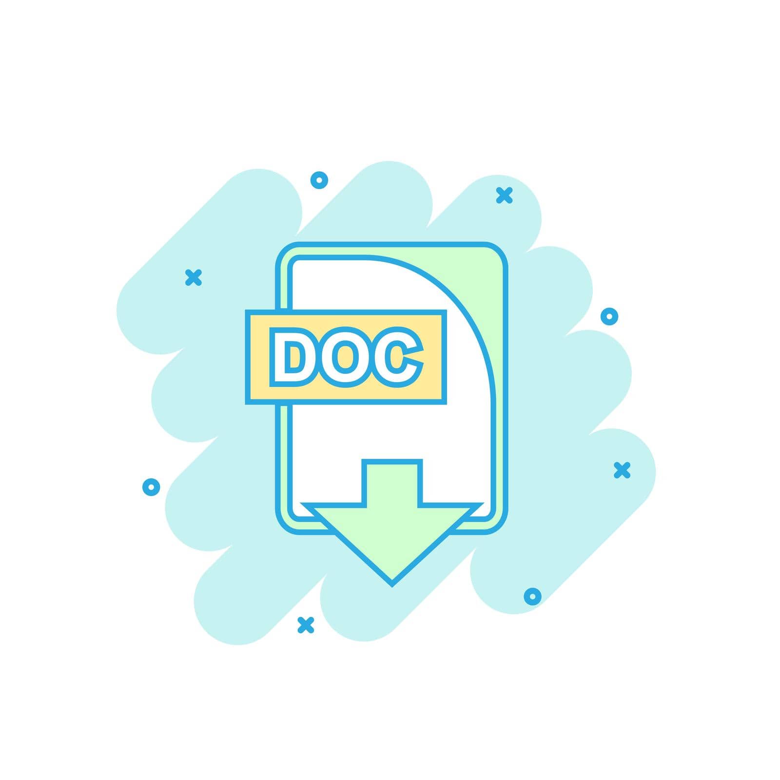 Cartoon colored DOC file icon in comic style. Doc download illustration pictogram. Document splash business concept. by LysenkoA