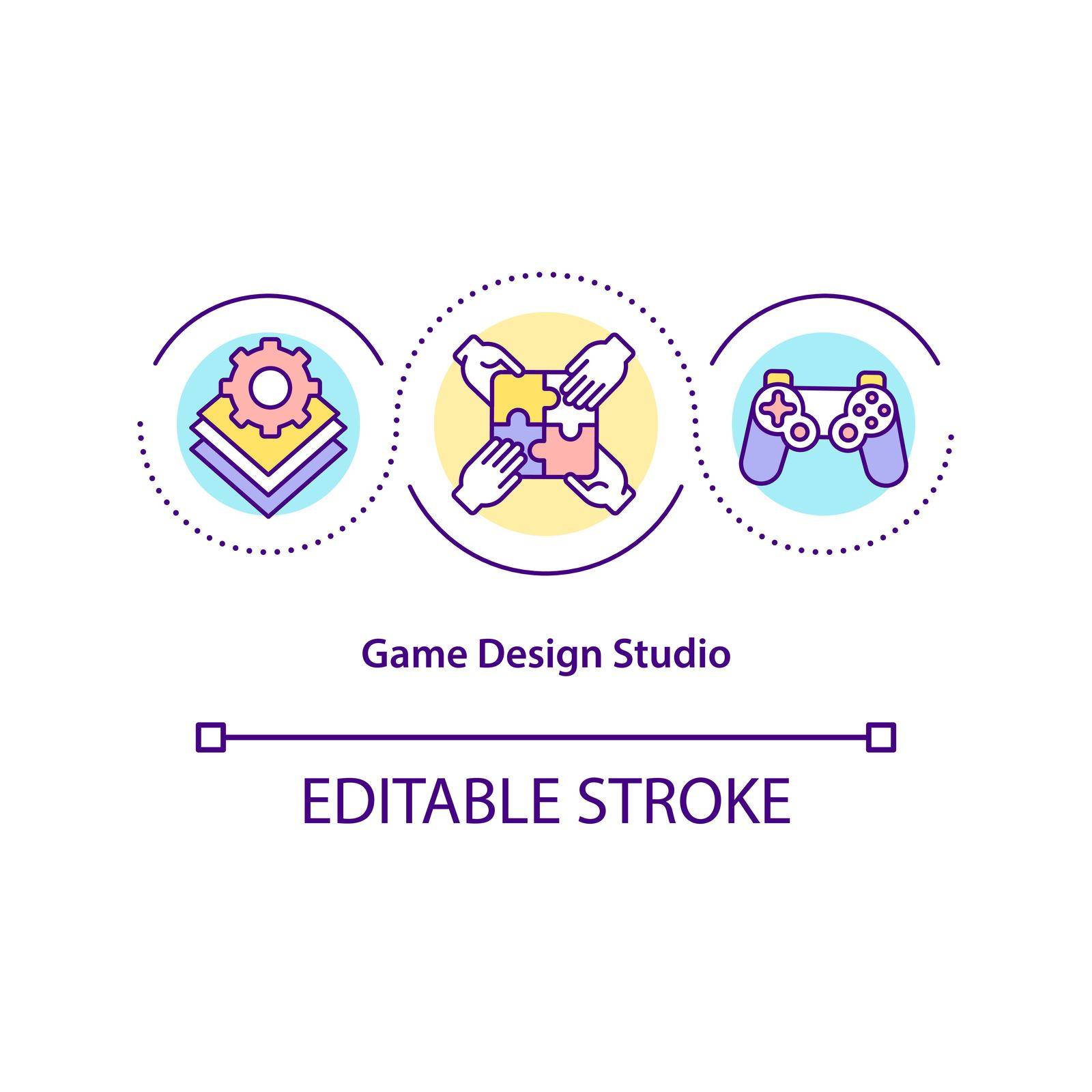 Game design studio concept icon. Creating incredible game experiences idea thin line illustration. Videogames development and marketing. Vector isolated outline RGB color drawing. Editable stroke