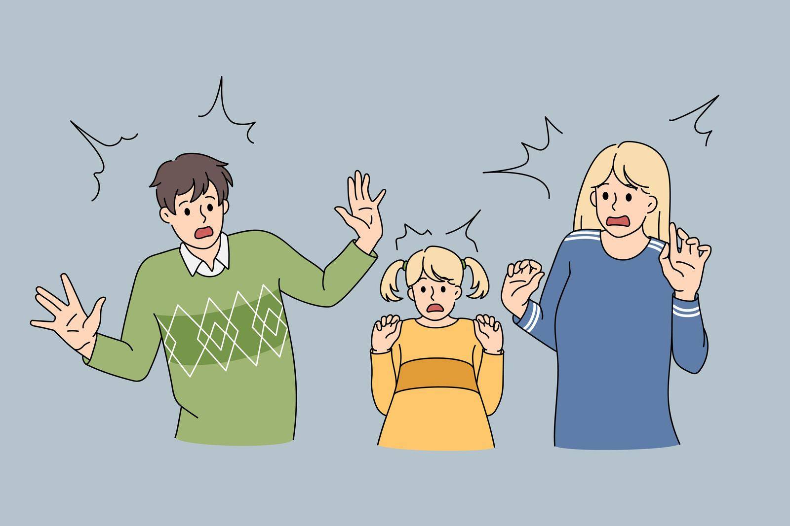 Shocked scared family with daughter feel terrified by unexpected unpleasant news. Unhappy parents with small girl child have fear feel terrified frightened. Panic attack. Flat vector illustration.