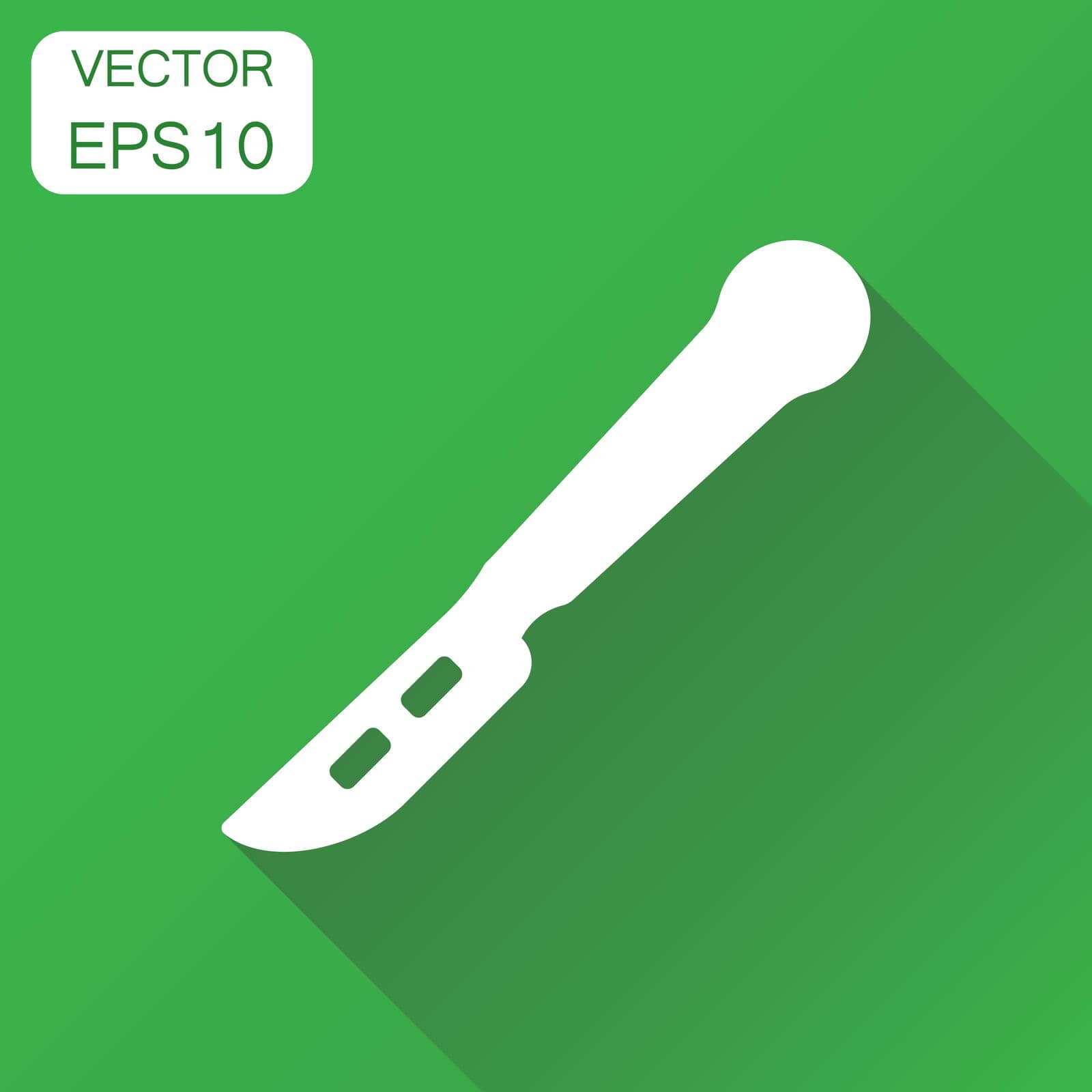 Medical scalpel icon. Business concept hospital surgery knife pictogram. Vector illustration on green background with long shadow.