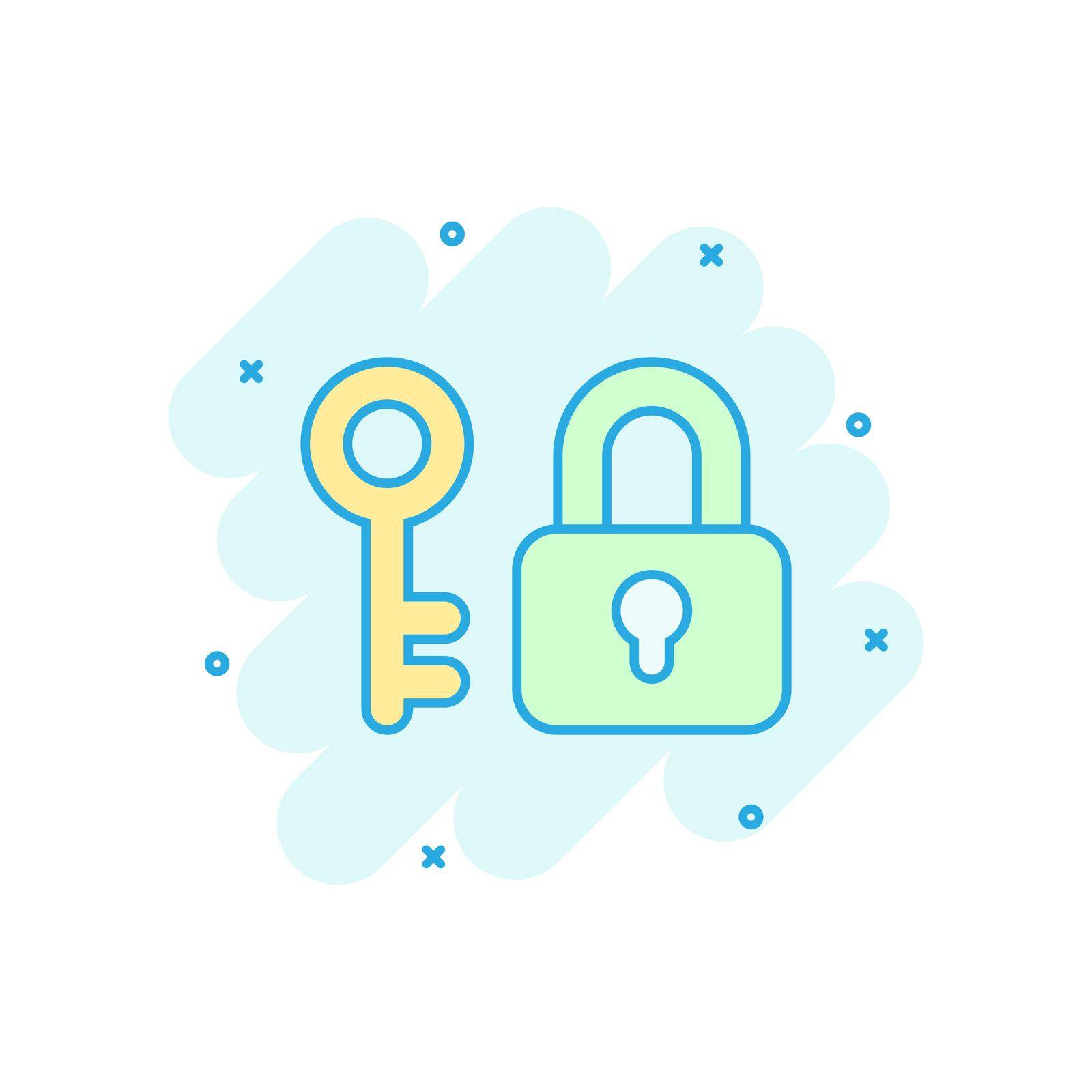 Key with padlock icon in comic style. Access login vector cartoon illustration pictogram. Lock keyhole business concept splash effect. by LysenkoA