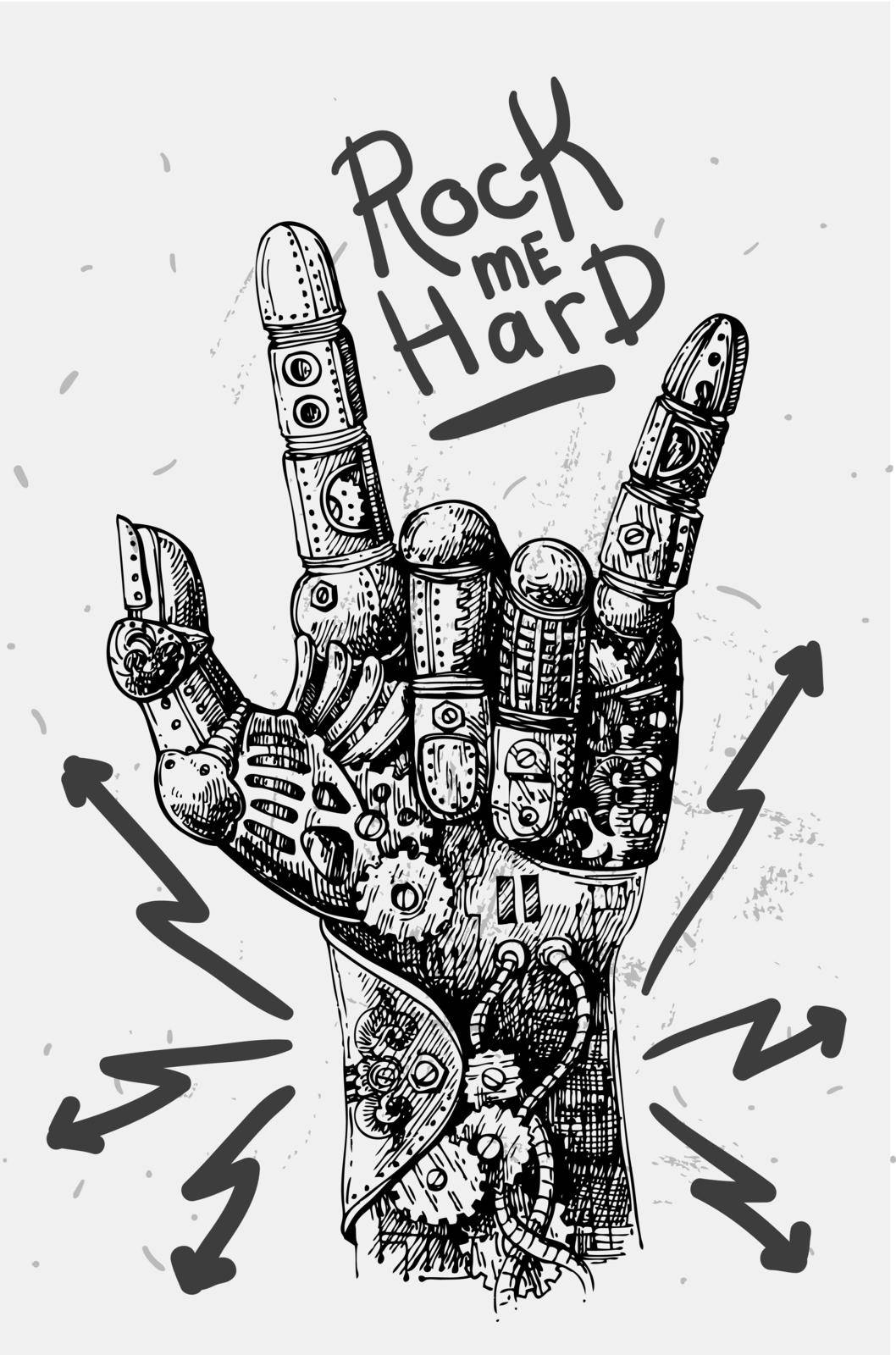 Beautiful hand drawn vector illustration mechanical hand. Rock style. Good for invitations, covers for smartphones, textiles, t-shirts, postcards, rock festival.