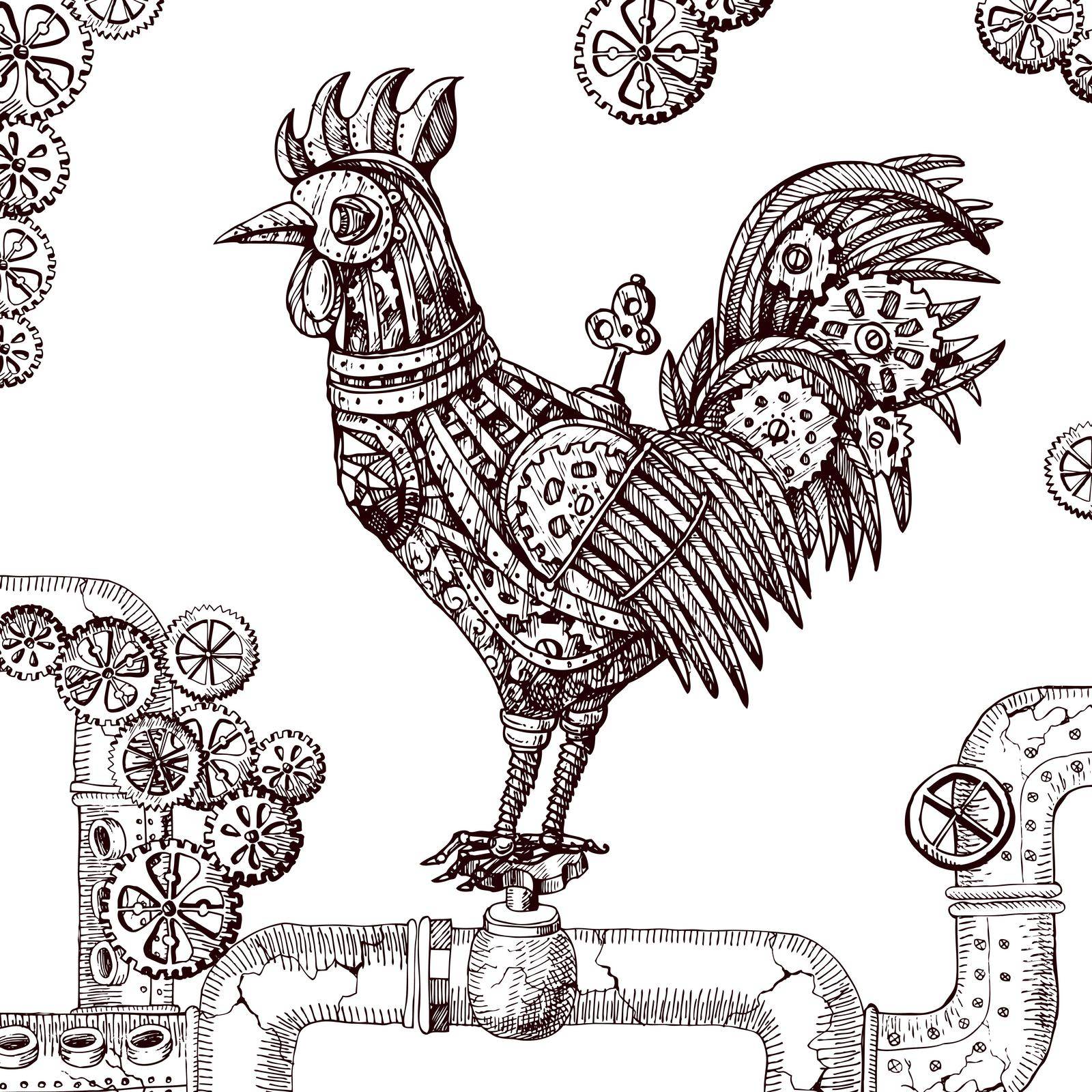 Steampunk card. Retro illustration with mechanical cock. Vintage invitation.Gear rooster in a sketch style. Stylized vector illustration. Mechanical creature for tattoo design. Symbol of year 2017