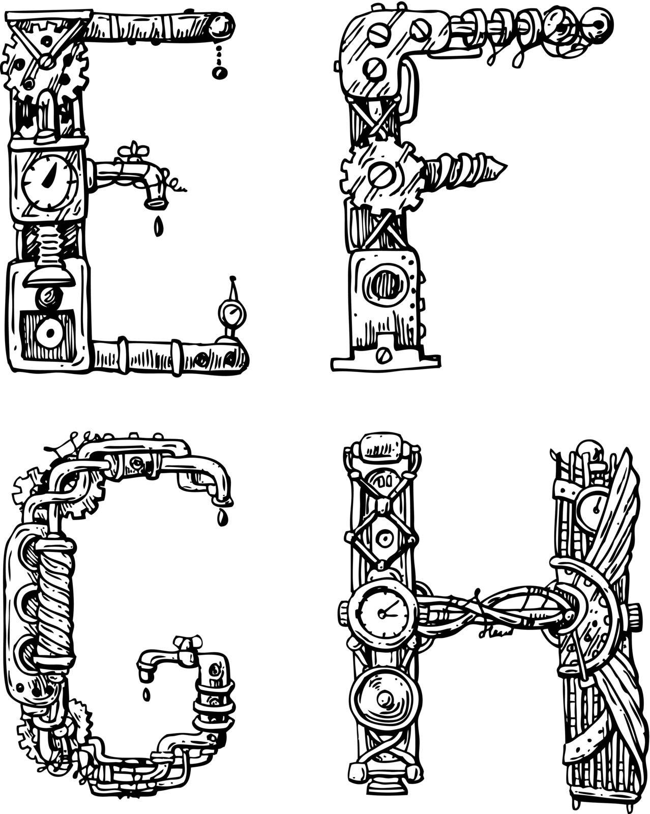 Graphic mechanical hand drawn alphabet. Steampunk style letters for your logo.