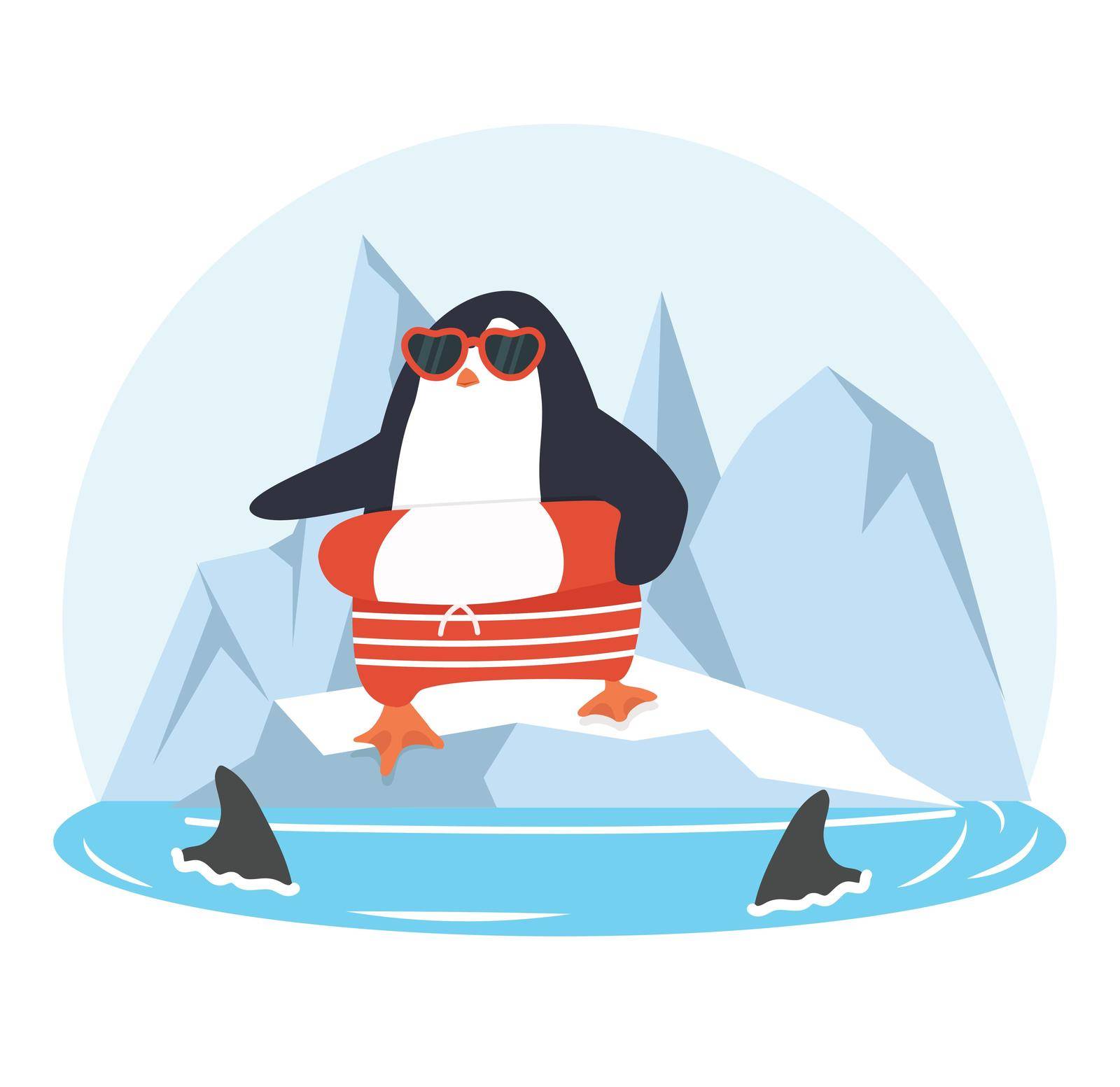 penguin on on an ice floe with fin sharks cartoon