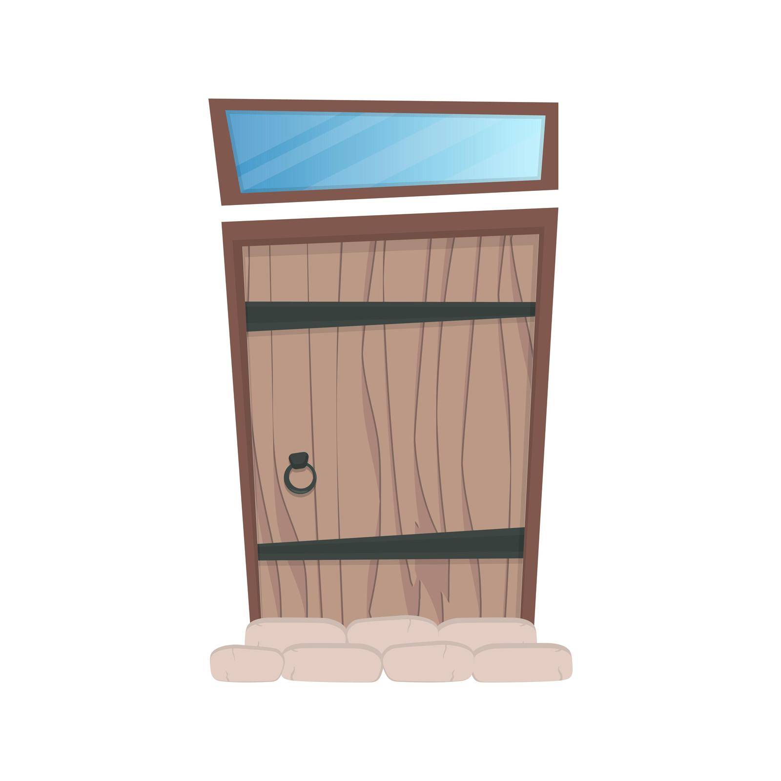 Antique rectangular wooden entrance door. Window above the door. Cartoon style. Isolated. Vector.