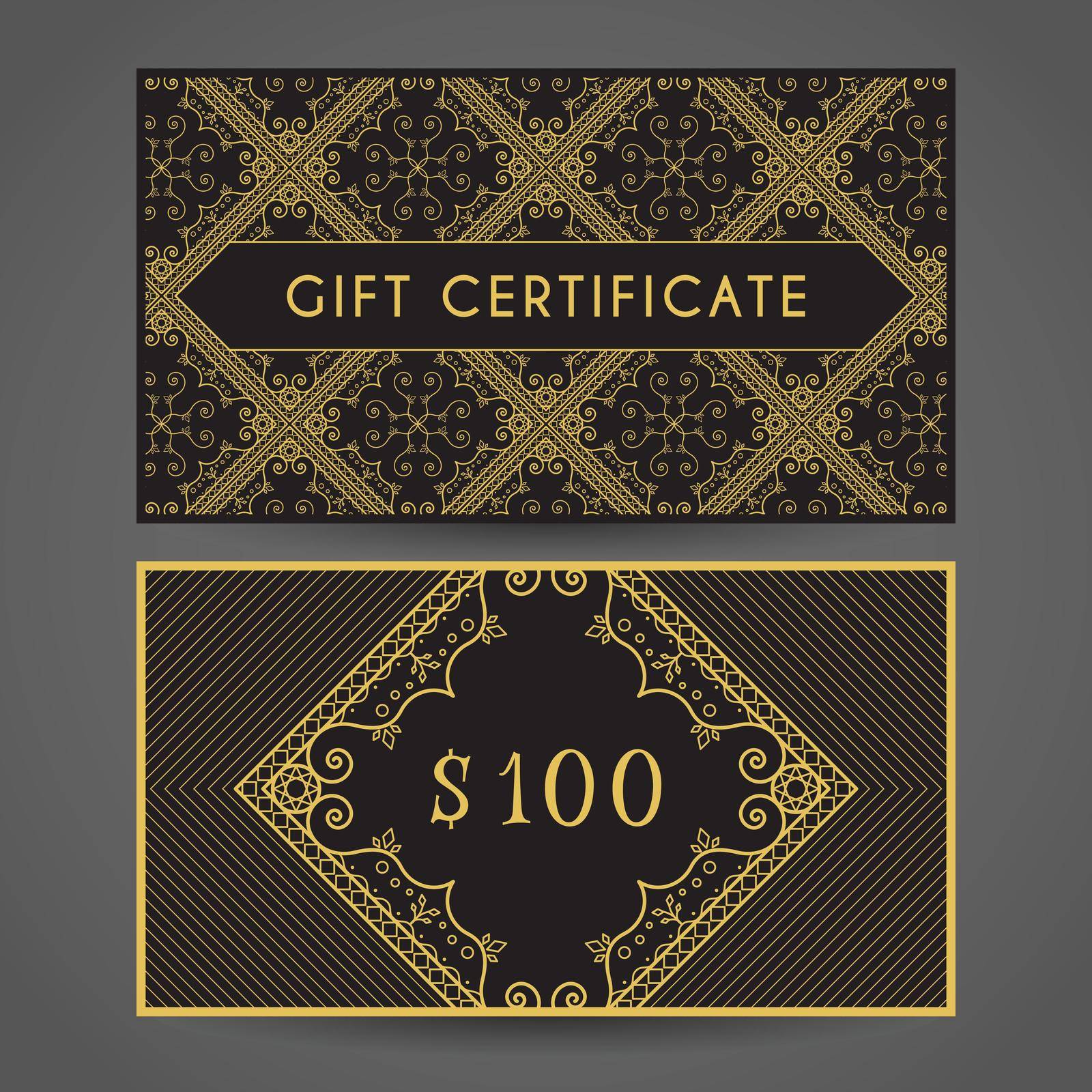 Vintage ornamental gift certificate. Vector editable template include front and back side