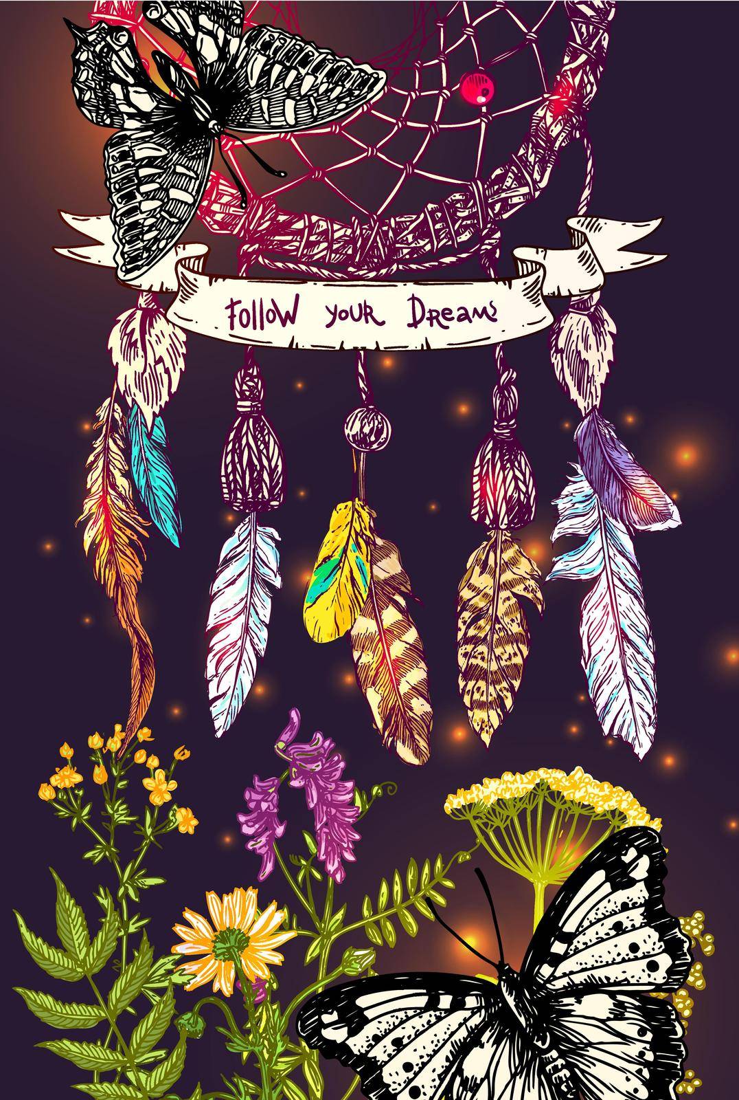 Beautiful hand drawn vector illustration sketching of dreamcatcher adn wildflowers. Boho style drawing. Use for postcards, print for t-shirts, posters, wedding invitation.