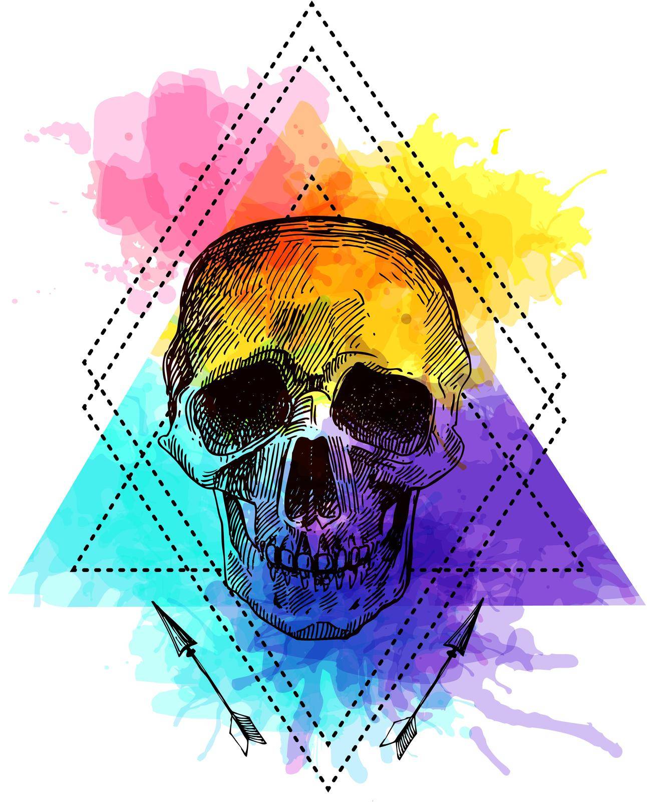 Beautiful hand drawn sketch illustration the skull on the watercolor background. Boho style print for T-shirt. Tattoo style skull.