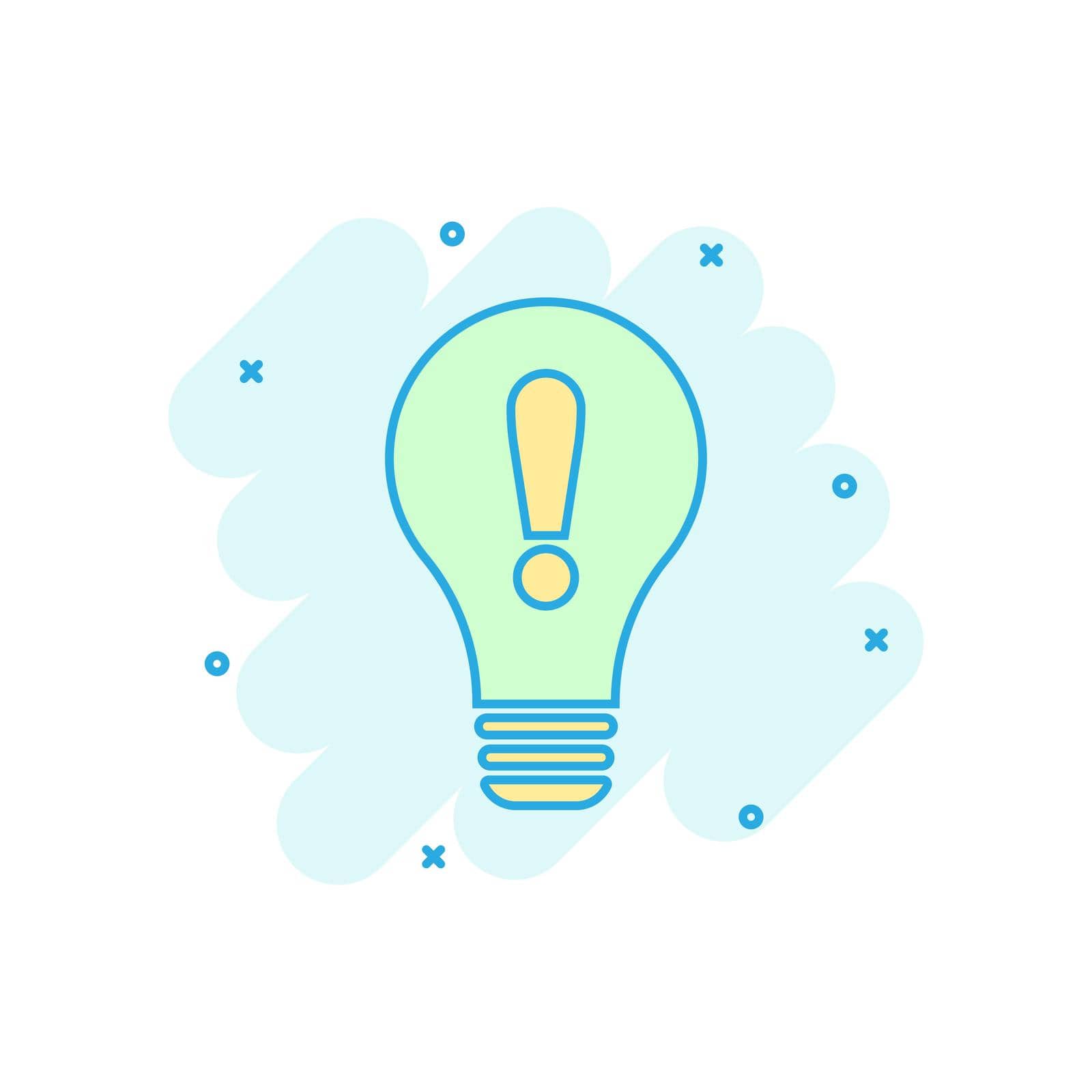 Problem solution icon in comic style. Light bulb idea vector cartoon illustration on white background. Question and answer business concept splash effect. by LysenkoA