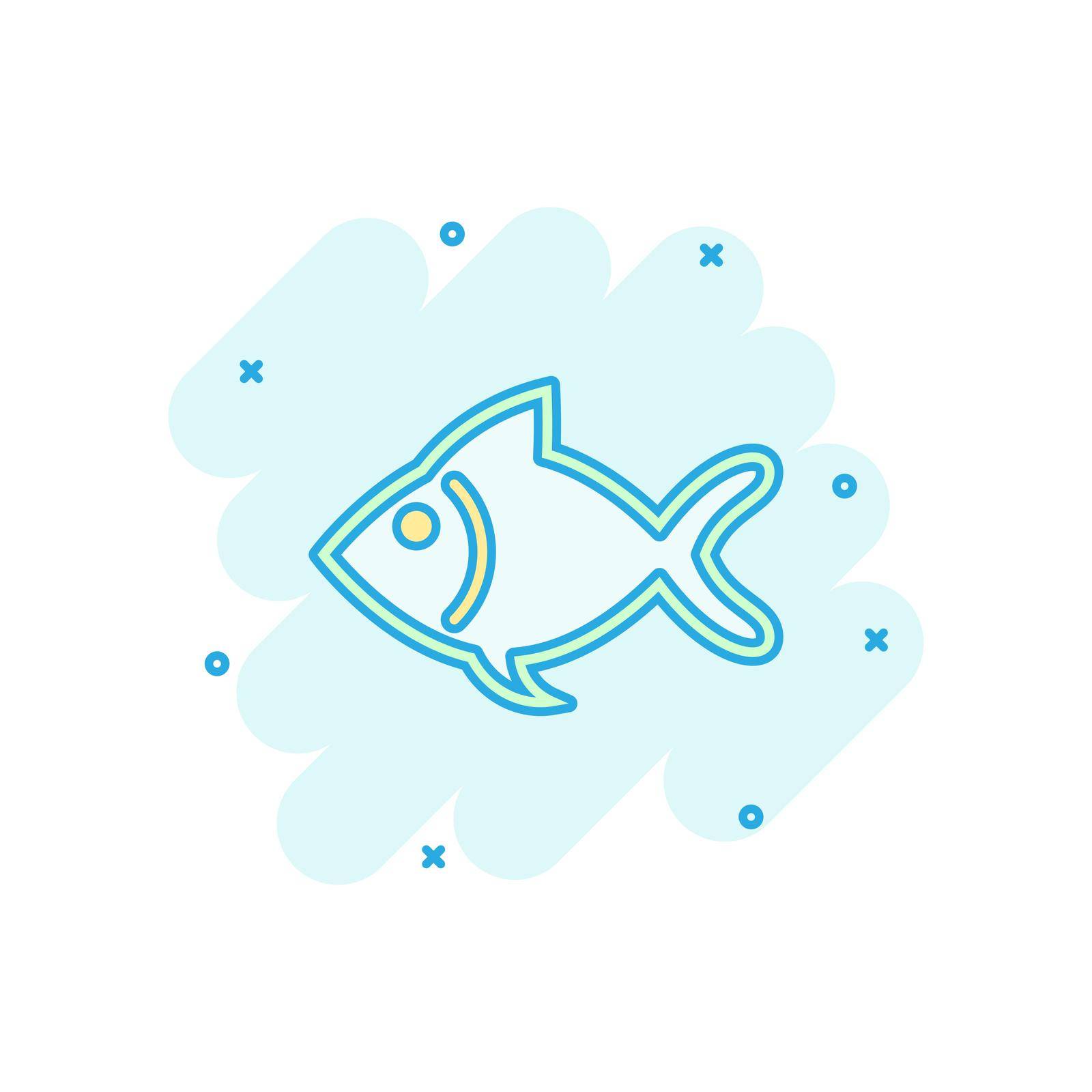 Fish sign icon in comic style. Goldfish vector cartoon illustration on white isolated background. Seafood business concept splash effect. by LysenkoA