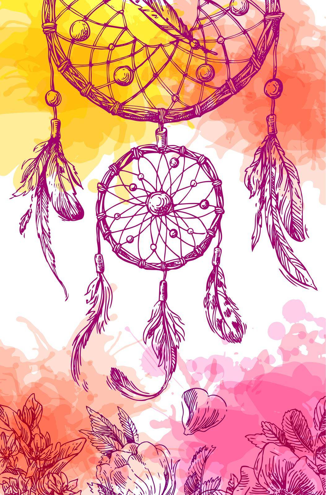 Beautiful hand drawn vector boho style illustration of dreamcatcher. Use for postcards, print for t-shirts, posters, wedding invitation, tissue, linens