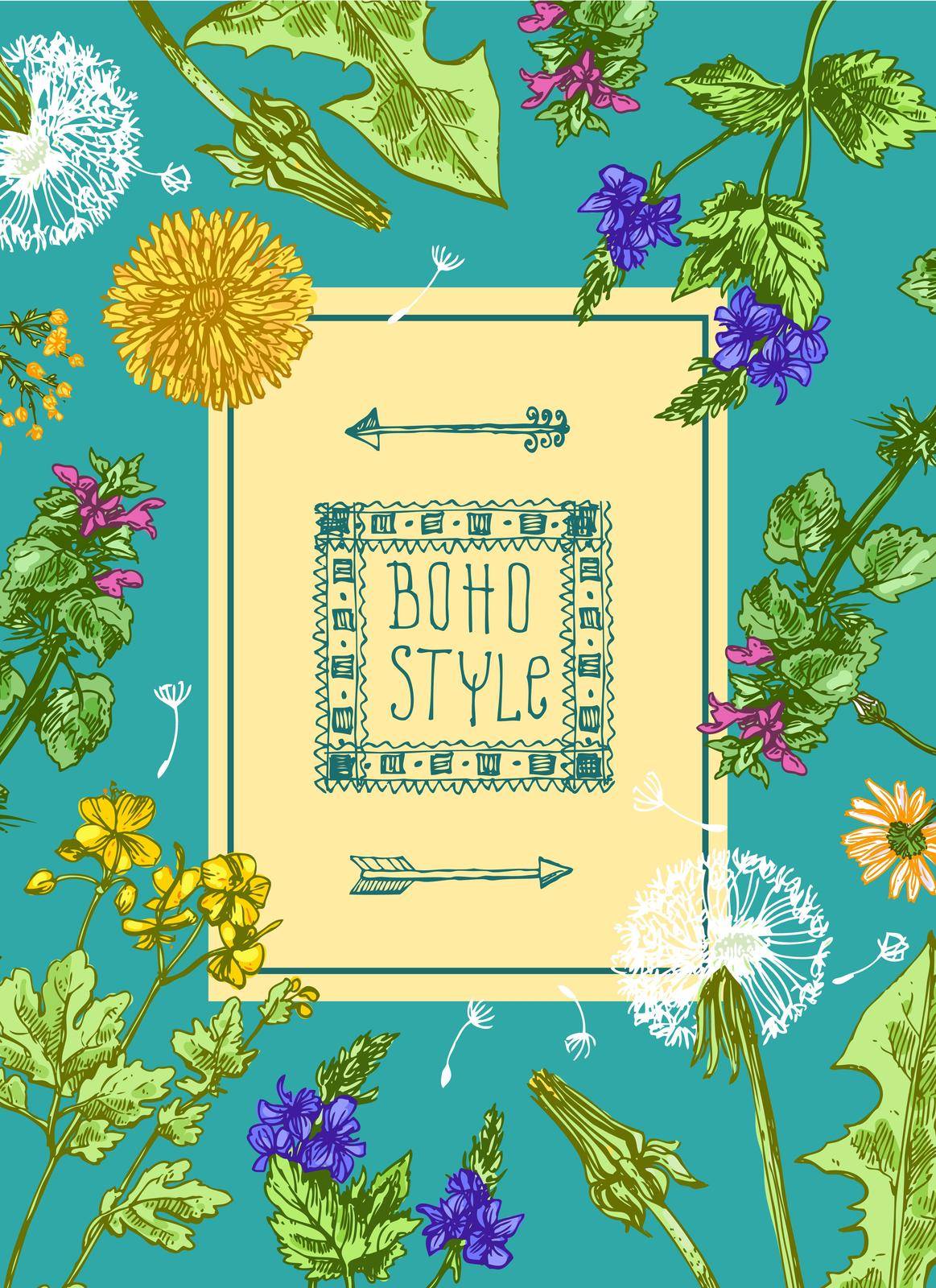 Hand drawn vector frame with wildflowers. Decorative floral illustration. Sketch style. Us for skrapbuking, tissue, textile, cloth, fabric, web material