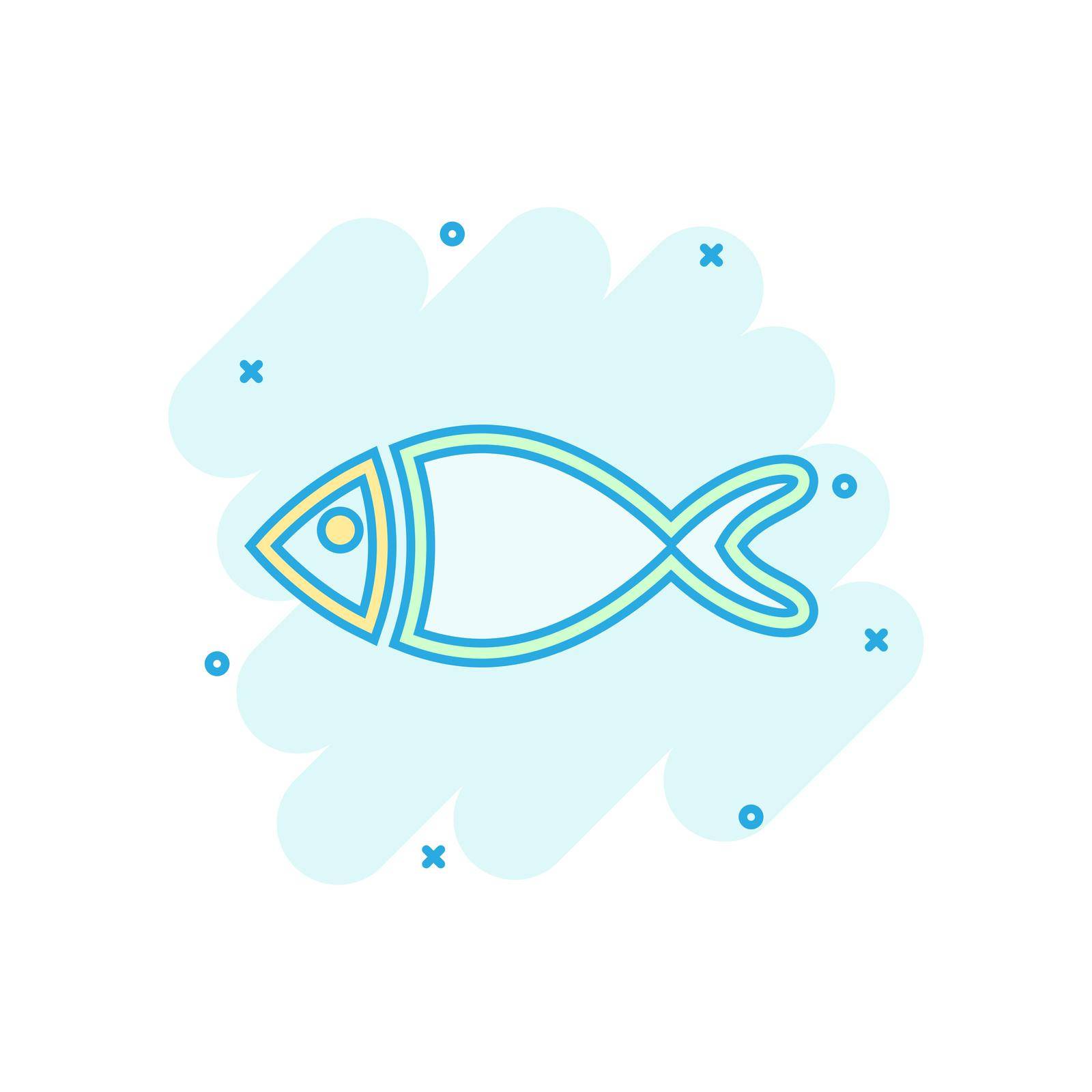 Fish sign icon in comic style. Goldfish vector cartoon illustration on white isolated background. Seafood business concept splash effect. by LysenkoA