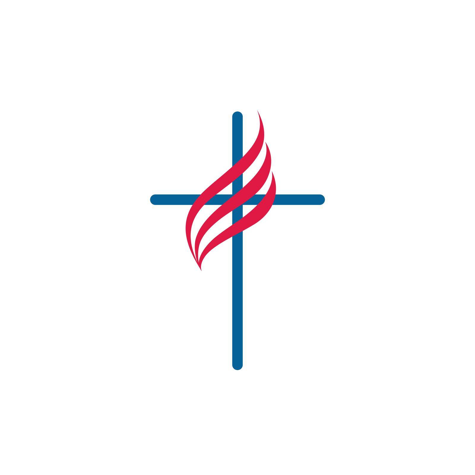 Cross with fire christian church logo. Vector icon for christian organizations. Isolated abstract graphic design template.