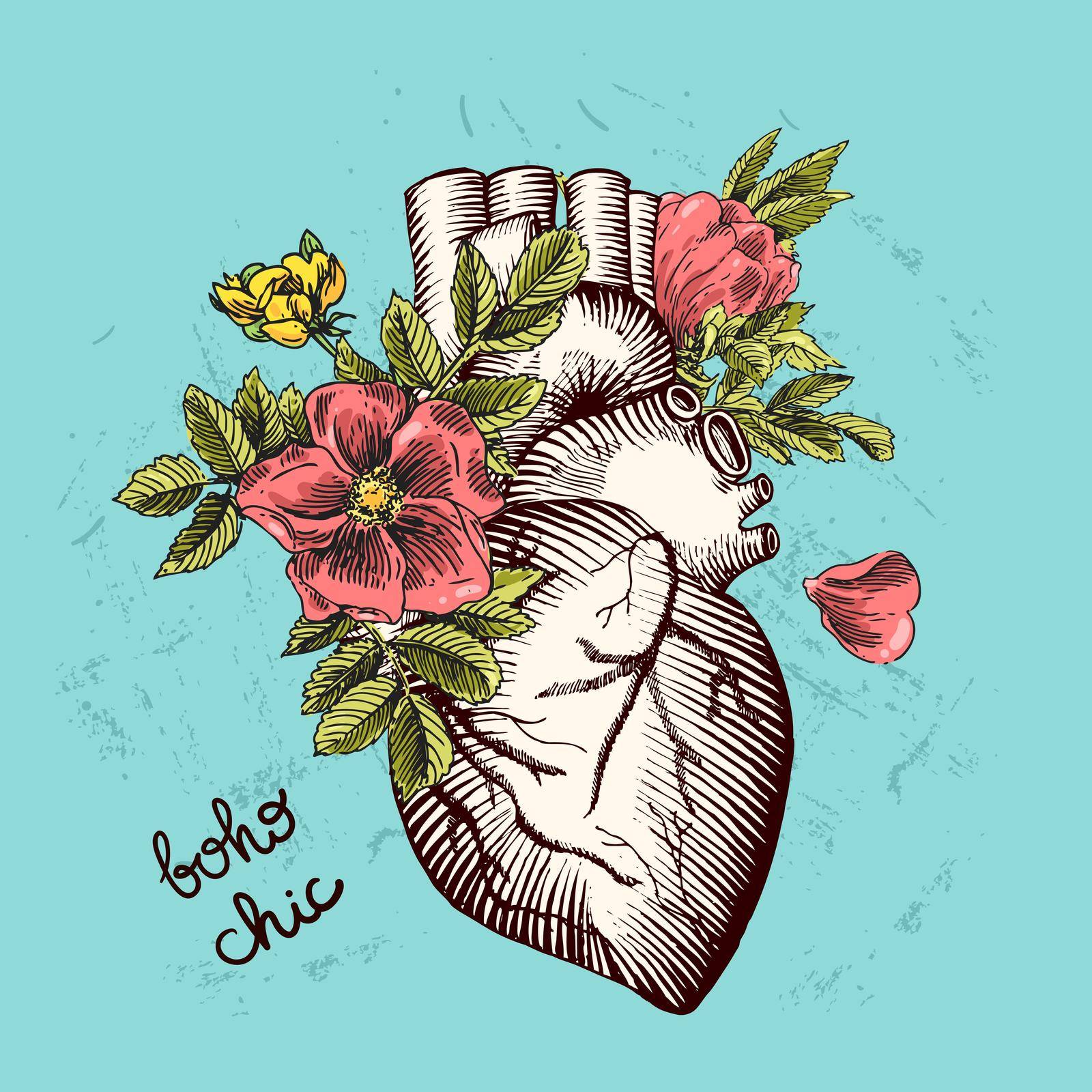 Valentines day card. Anatomical heart with flowers. Vector illustration boho style