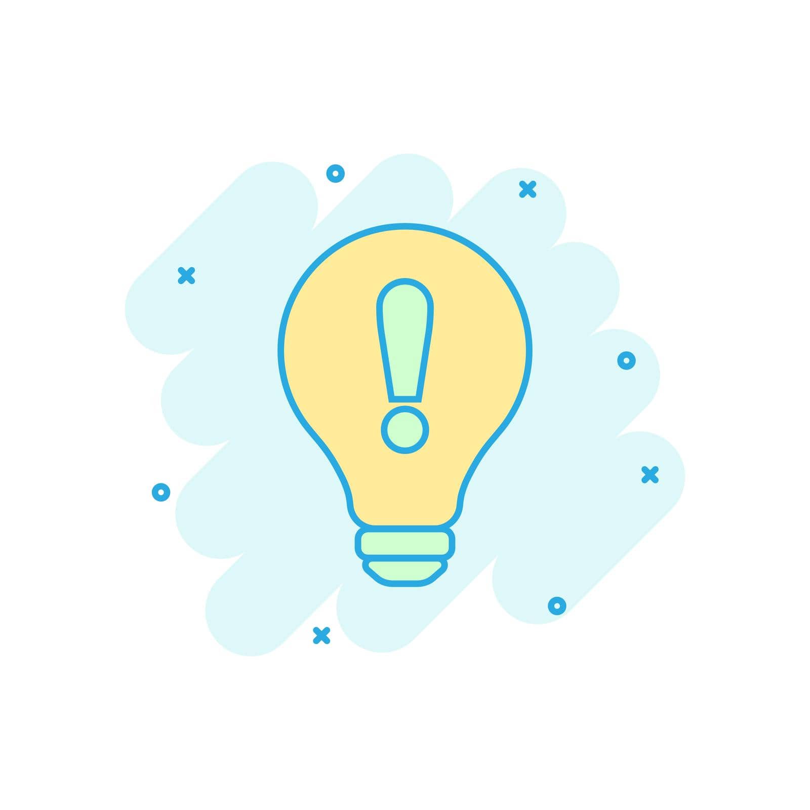 Problem solution icon in comic style. Light bulb idea vector cartoon illustration on white background. Question and answer business concept splash effect. by LysenkoA