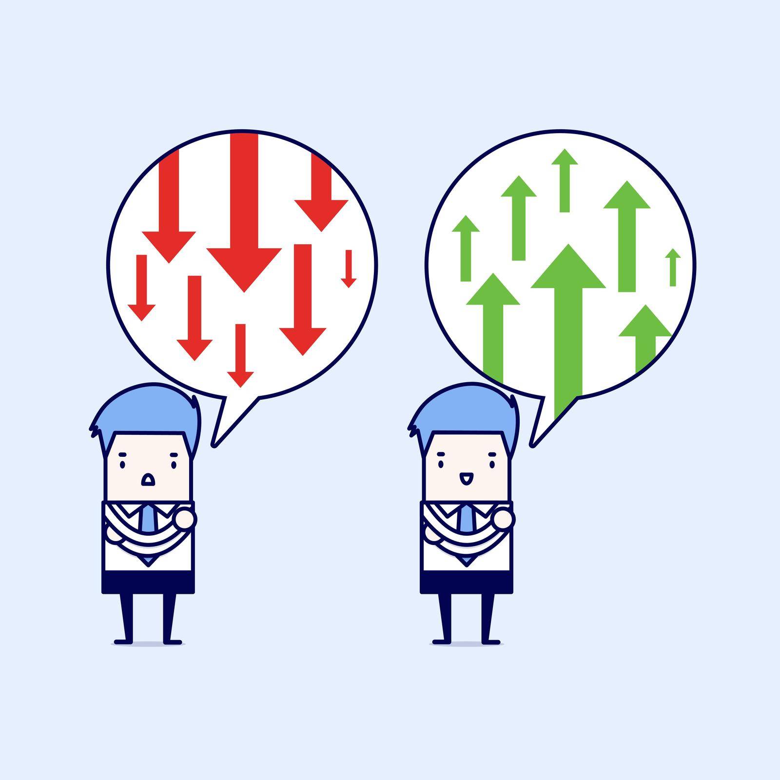 Businessman thinking about business arrow positive and negative. Cartoon character thin line style vector. by windawake