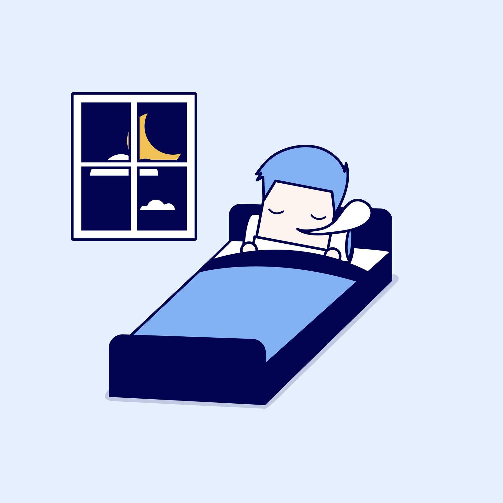 Man is sleeping on the bed. Cartoon character thin line style vector.