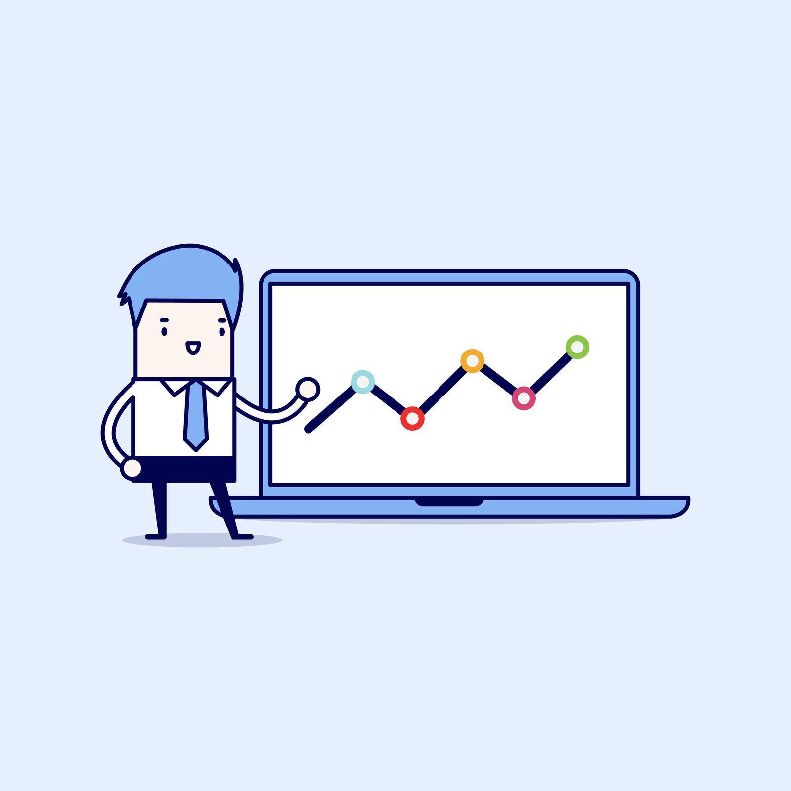 Businessman pointing at graph in laptop. Cartoon character thin line style vector.