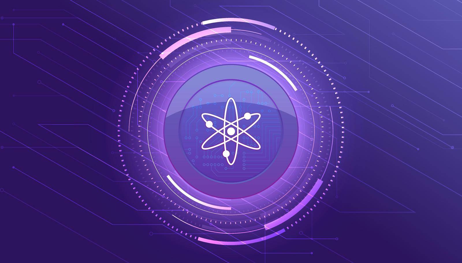 Cosmos coin banner. ATOM coin cryptocurrency concept banner background.