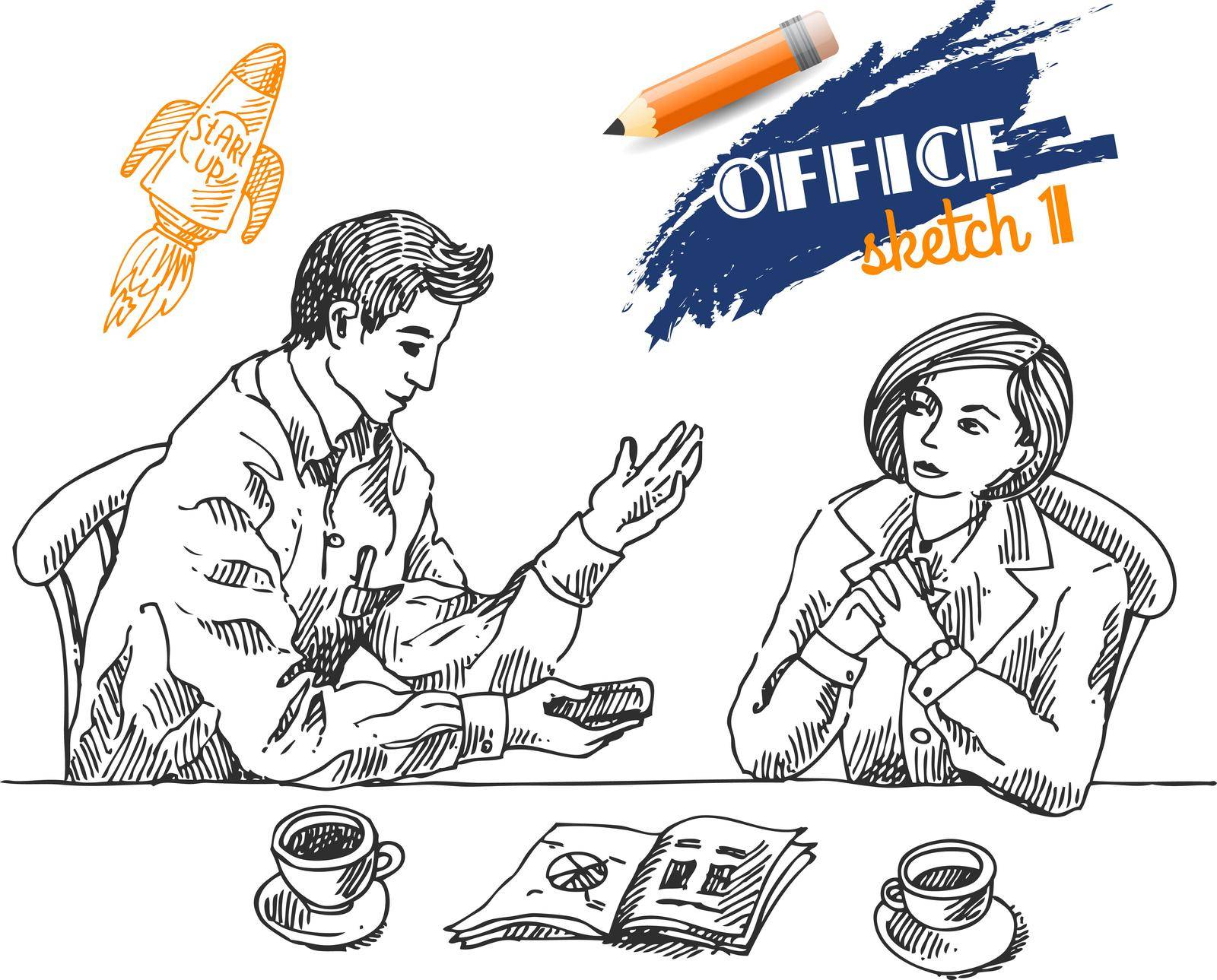 Man and woman in the business suit say about business. Sketch vector illustration.