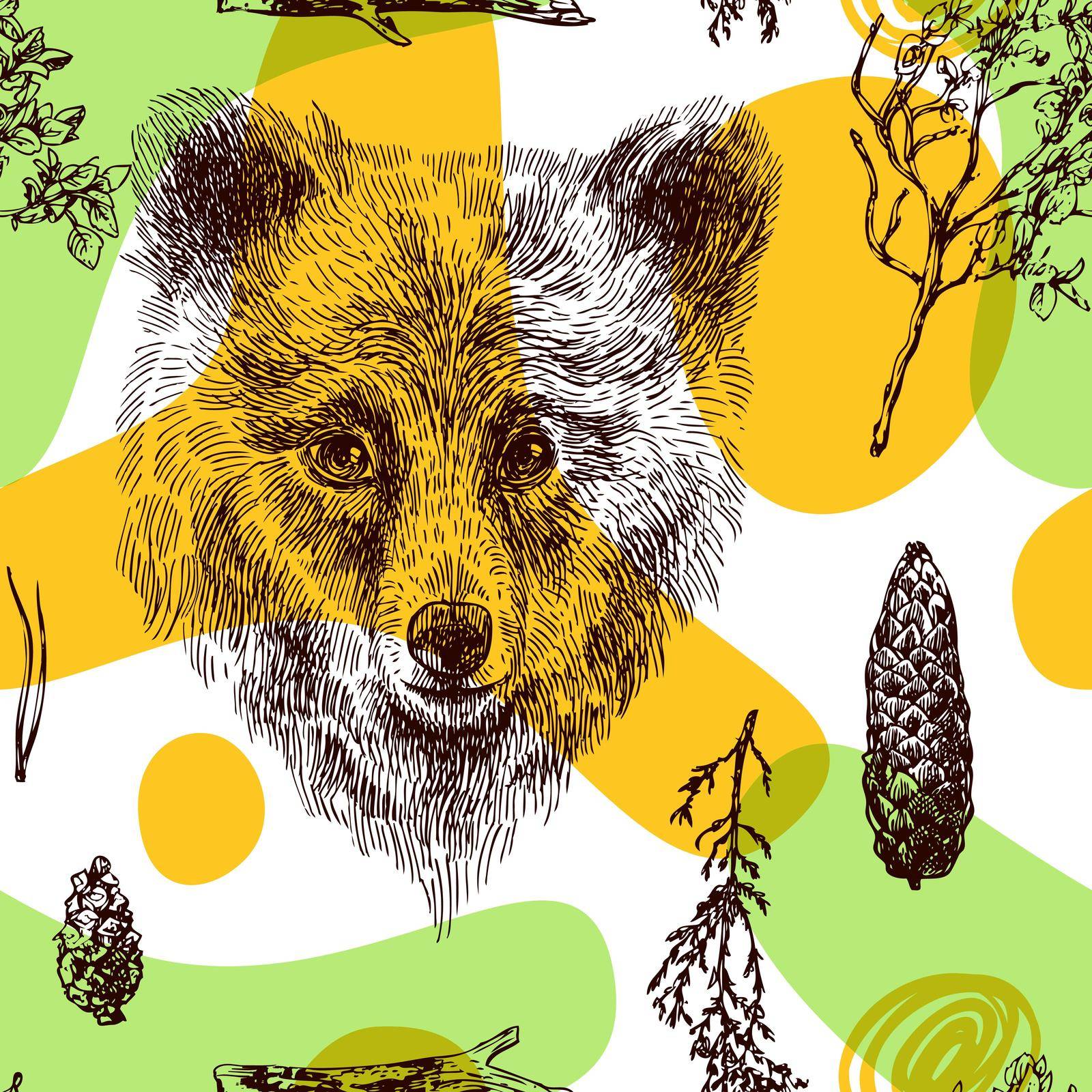 Beautiful hand drawn vector seamless pattern sketching of bear. Boho style drawing. Use for postcards, print for t-shirts, posters, tattoo, textile.
