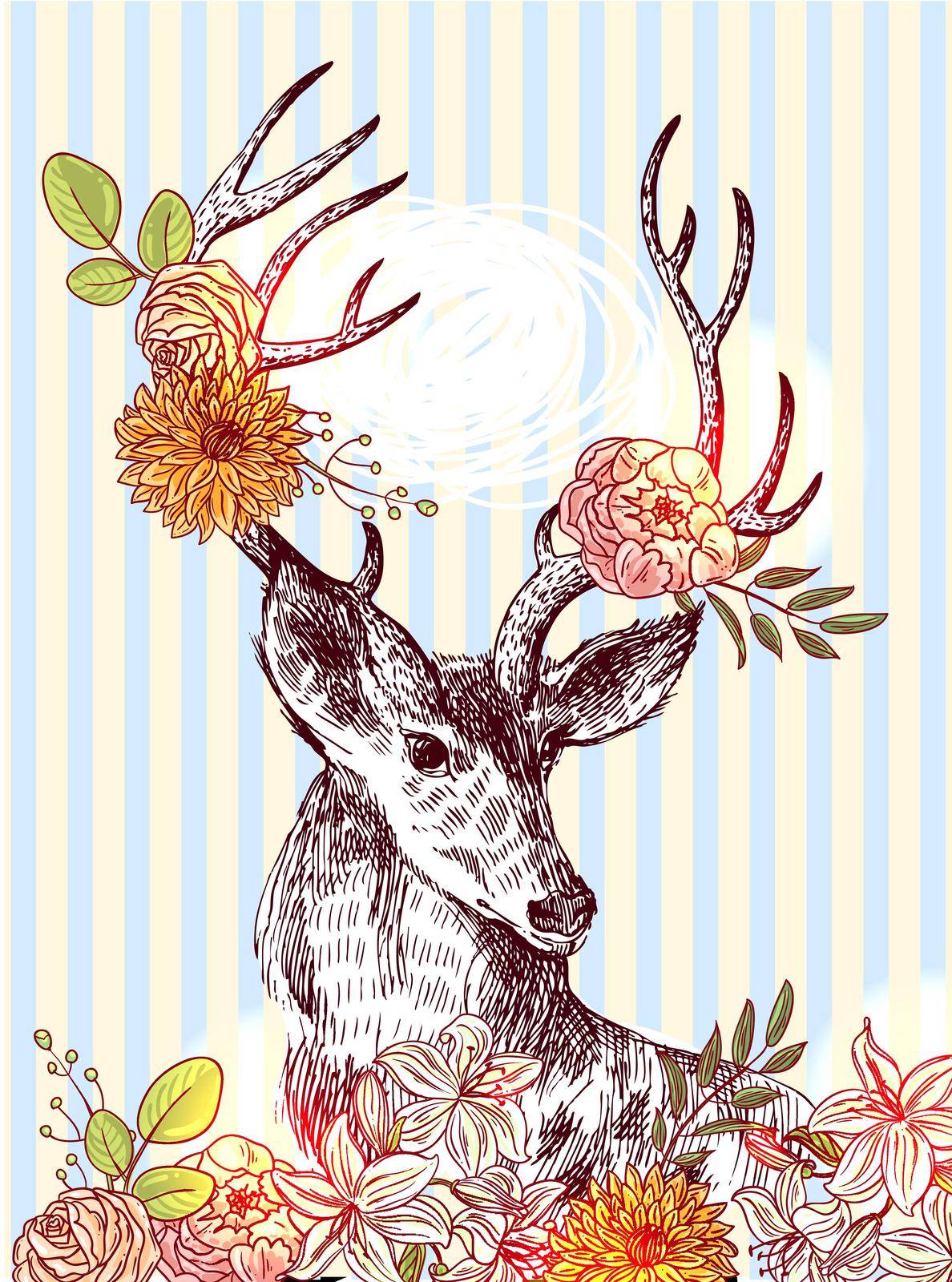 Hand drawn vector illustration sketch of deer. Boho style. Use for scrapbook, tissue, textile, cloth, fabric, web