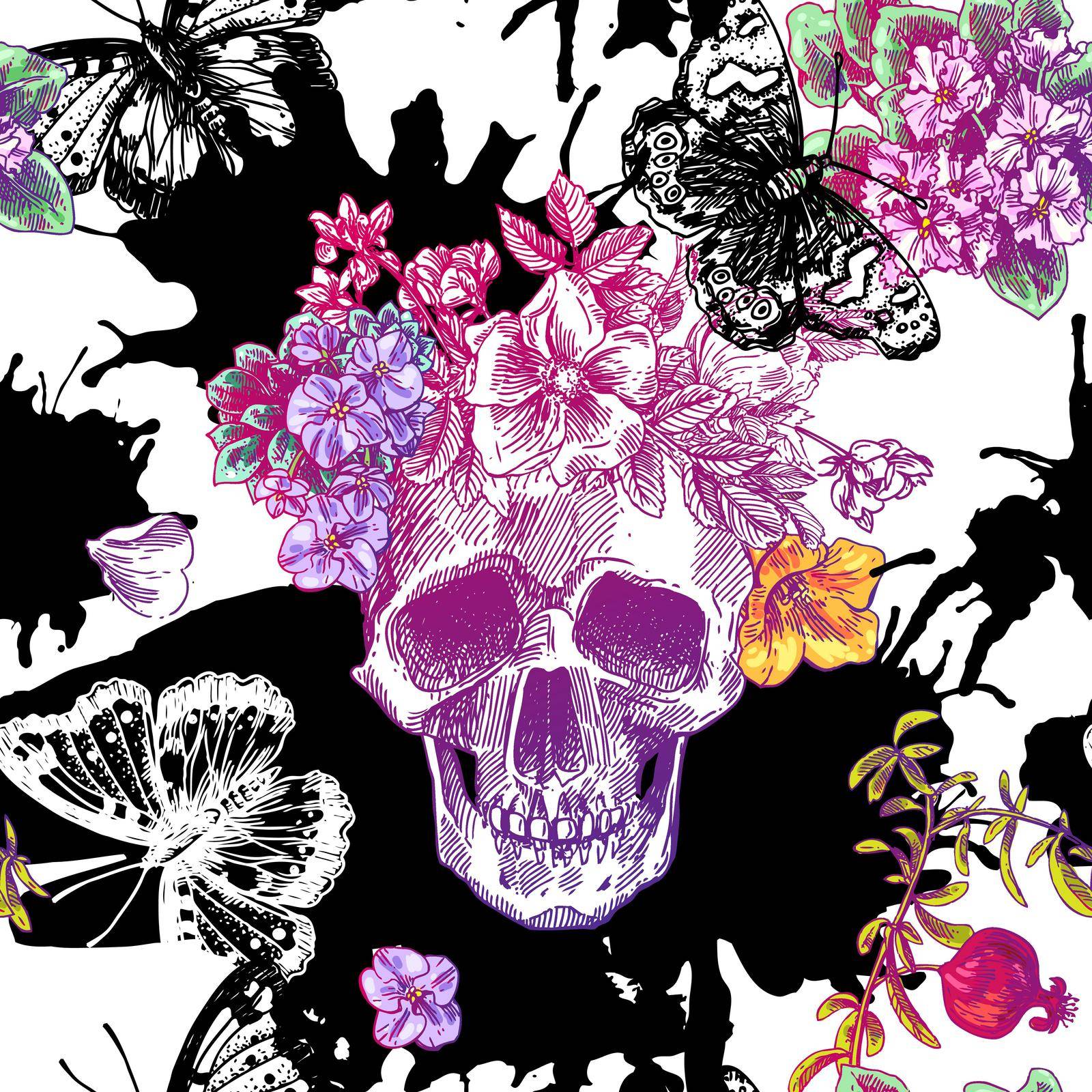 Beautiful hand drawn sketch illustration seamless pattern the skull and flowers. Boho style print for textile.