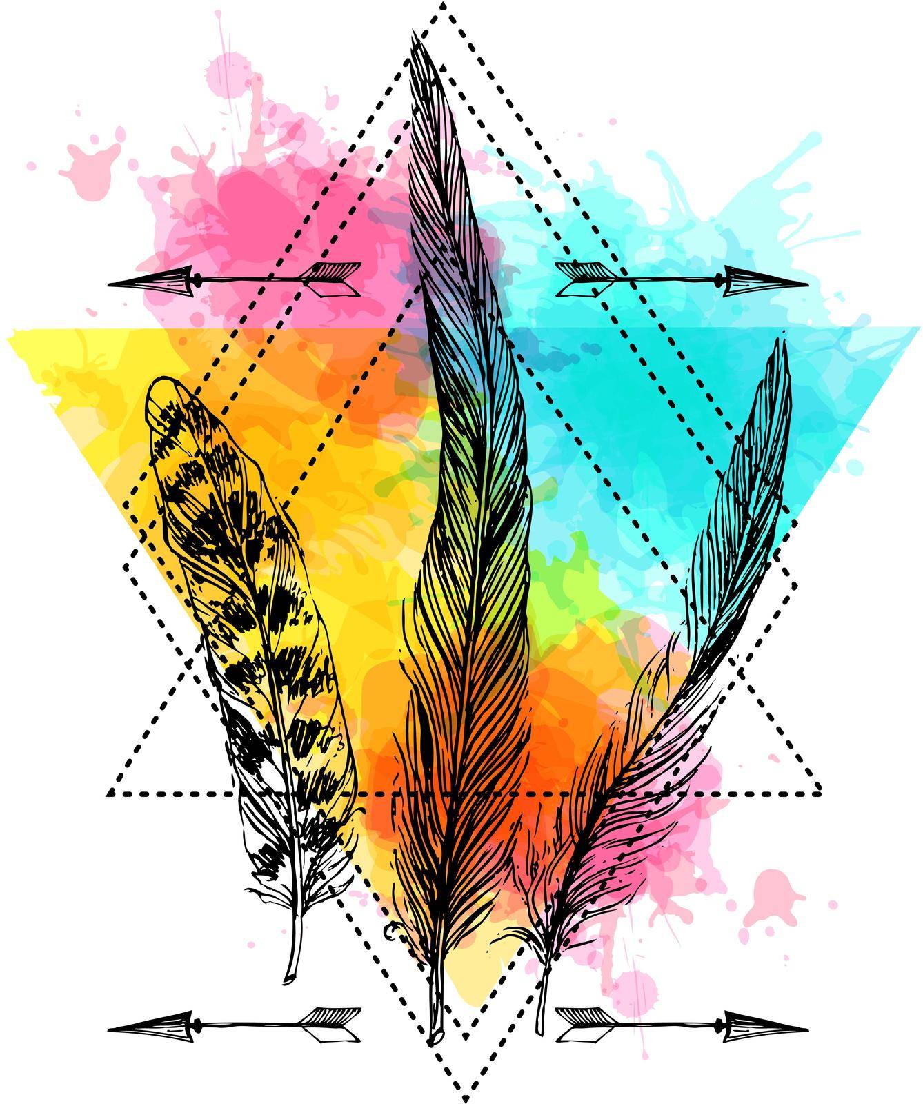 Feathers sketch. Hand drawn vector beautiful illustration. Boho style.