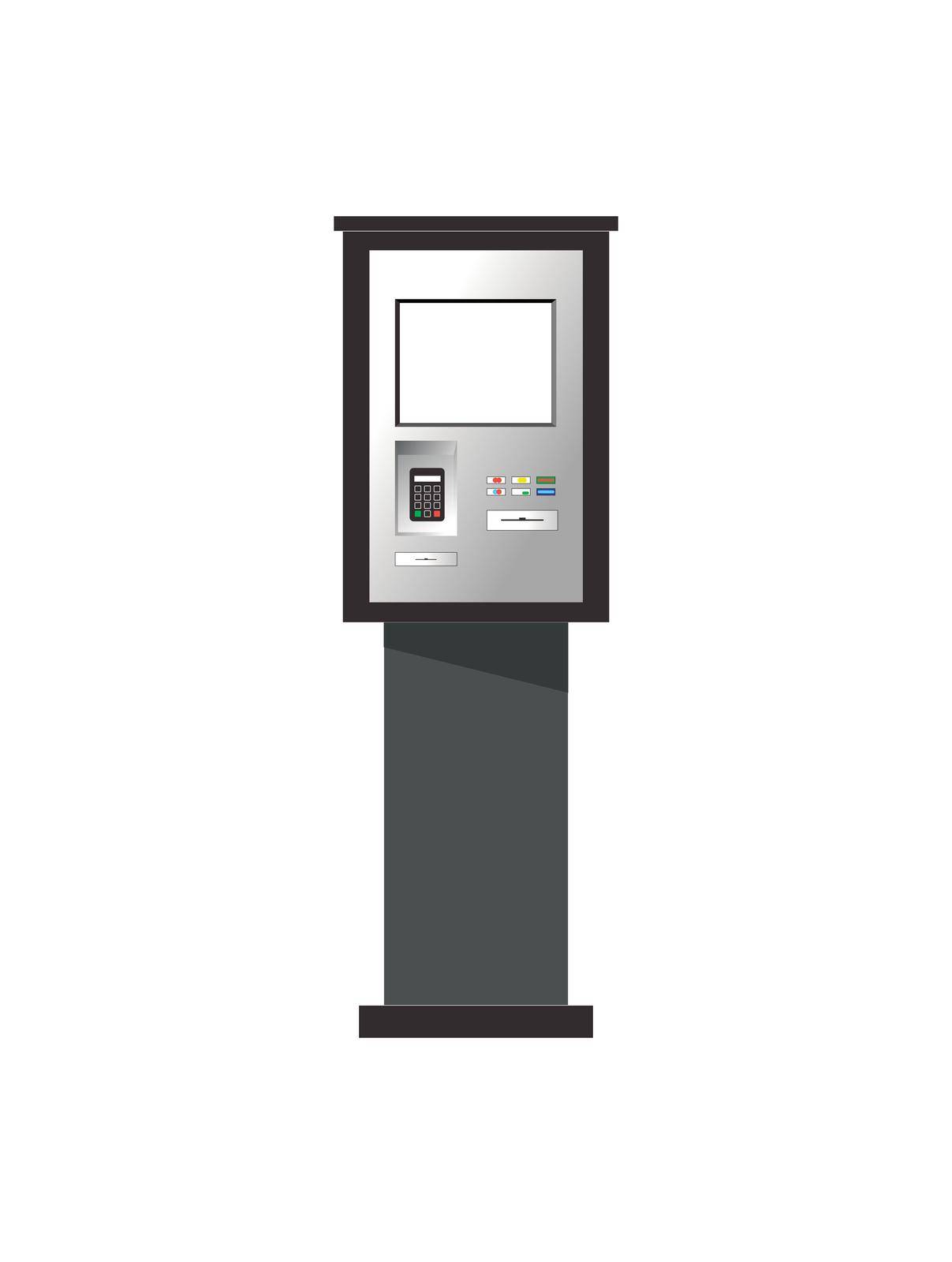 Self-service kiosk. Self-pay terminal for retail chains, parking lots, rentals. Vector flat illustration.