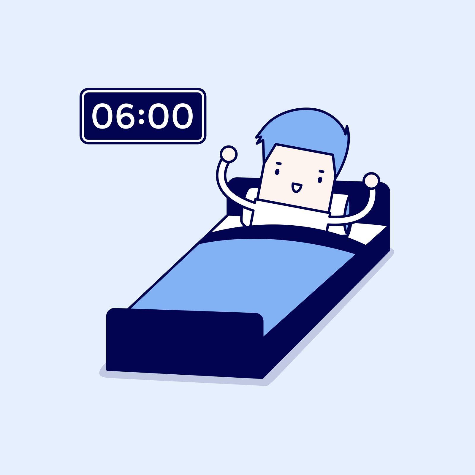 Businessman wake up early. Cartoon character thin line style vector.