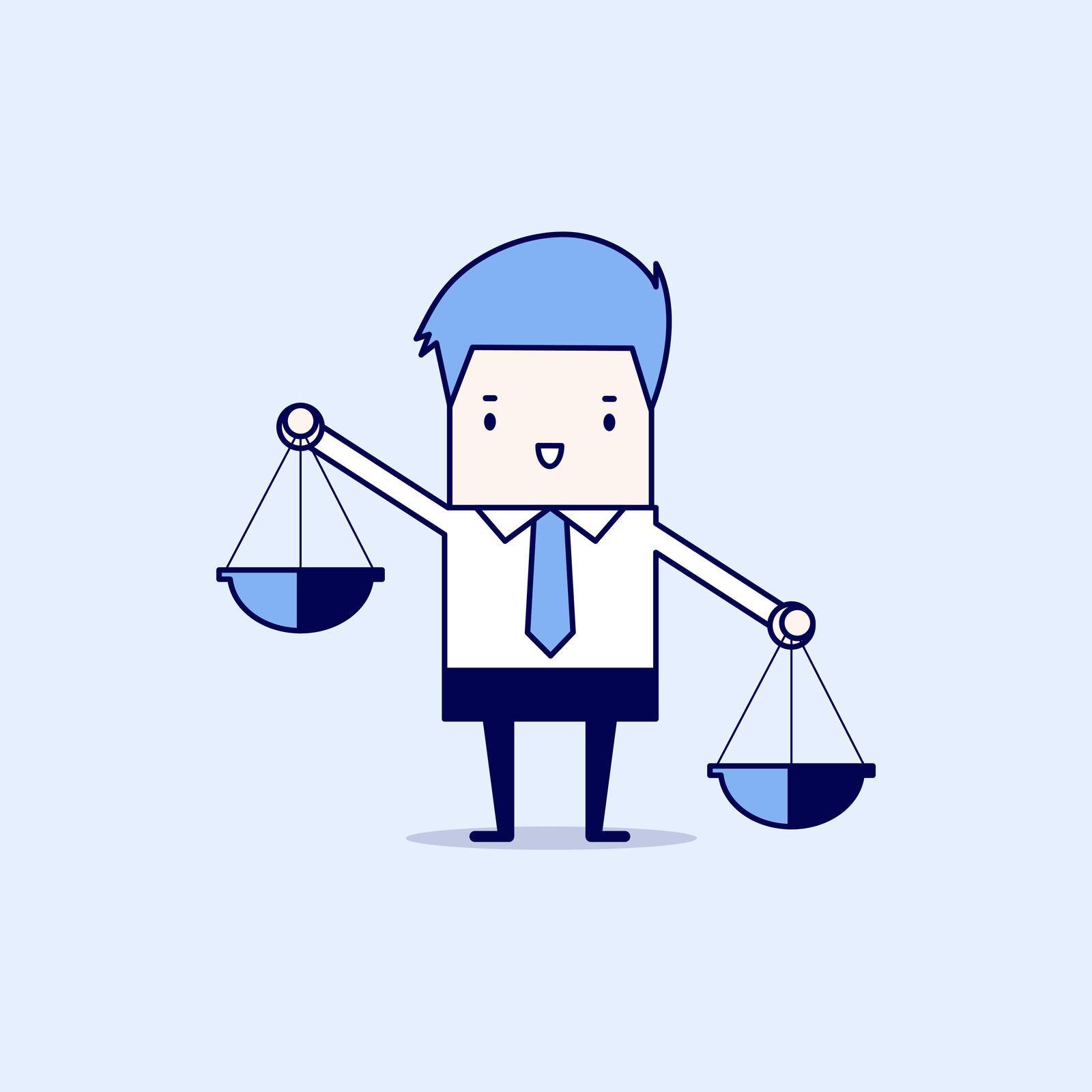 Businessman carrying a balance scale with both hands. Cartoon character thin line style vector.