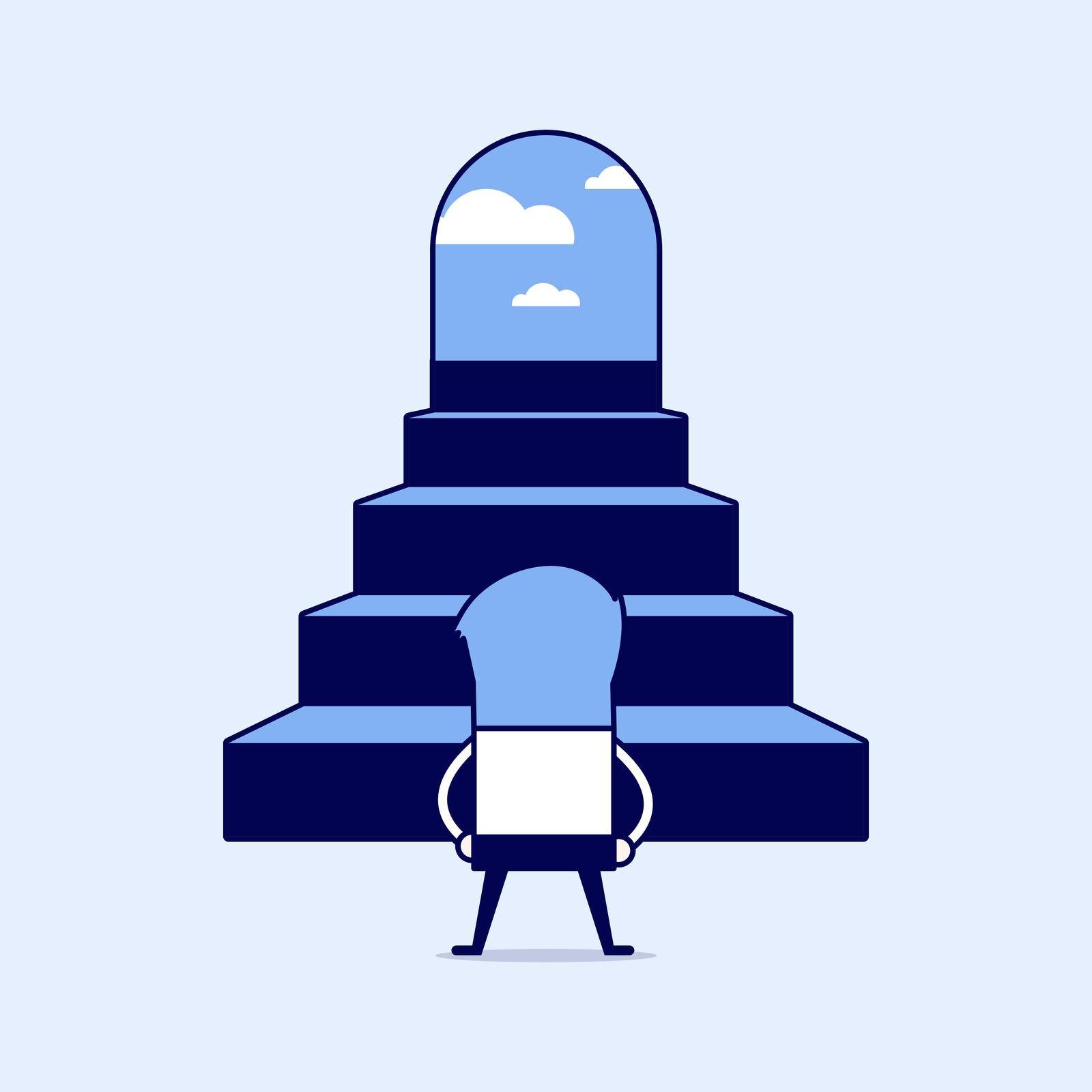 Successful businessman climbing steps. Cartoon character thin line style vector.