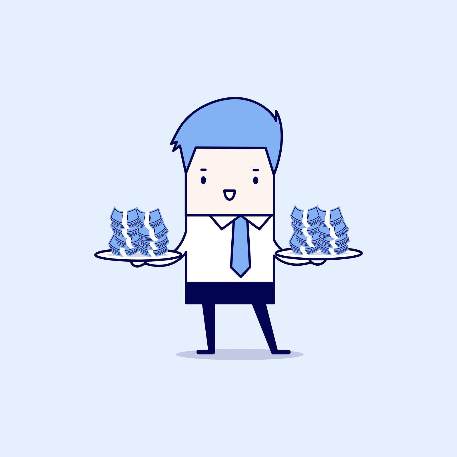 Businessman serve money on the plate. Cartoon character thin line style vector.