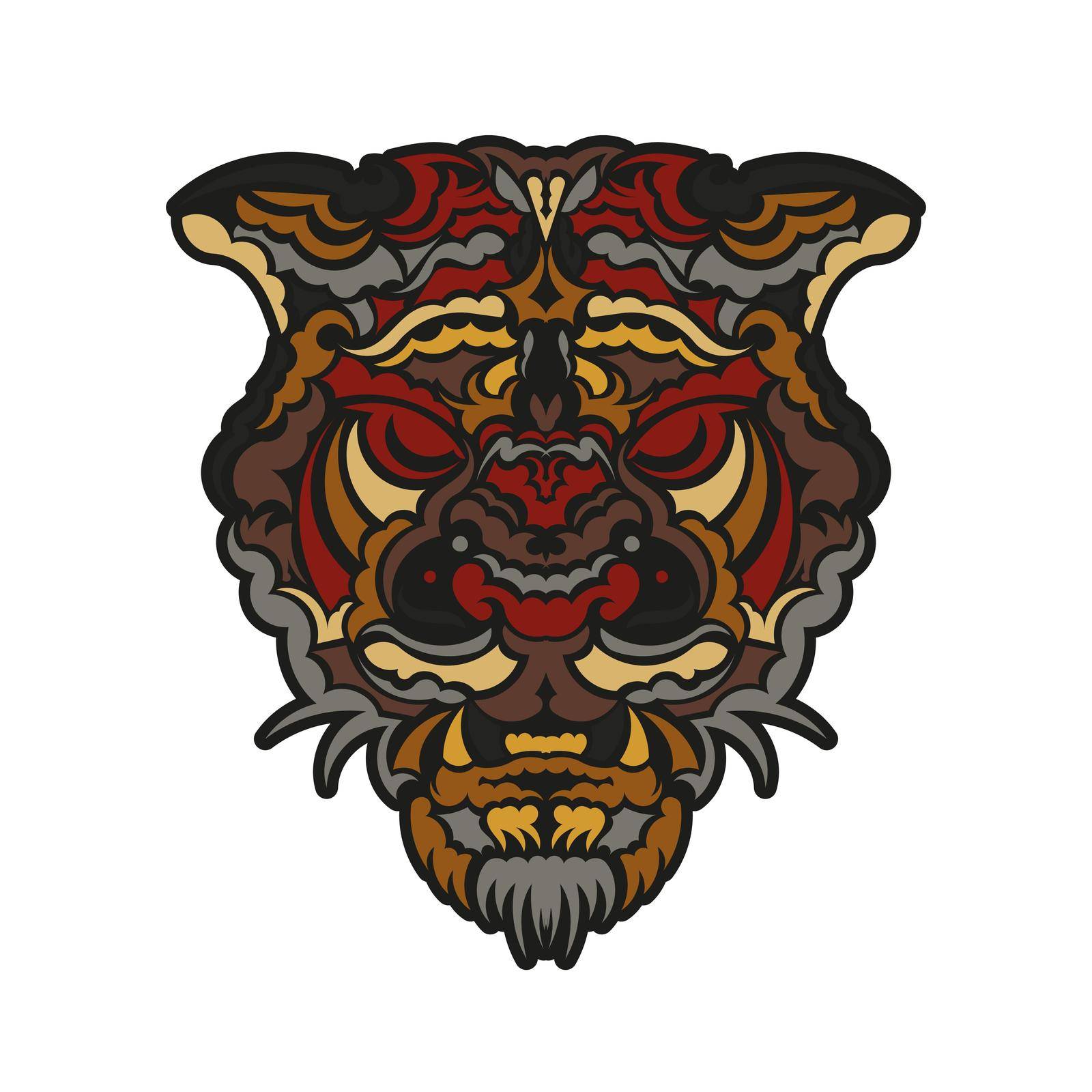 Tiger face ornament in baroque color style. Good for logos, prints and postcards. Isolated on white background. Vector illustration