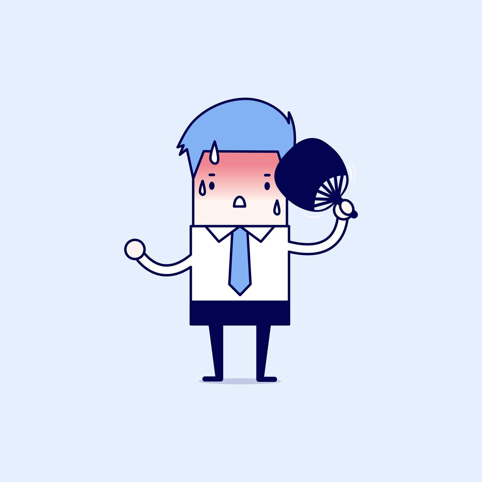 Businessman very hot with folding fan blow. Cartoon character thin line style vector. by windawake