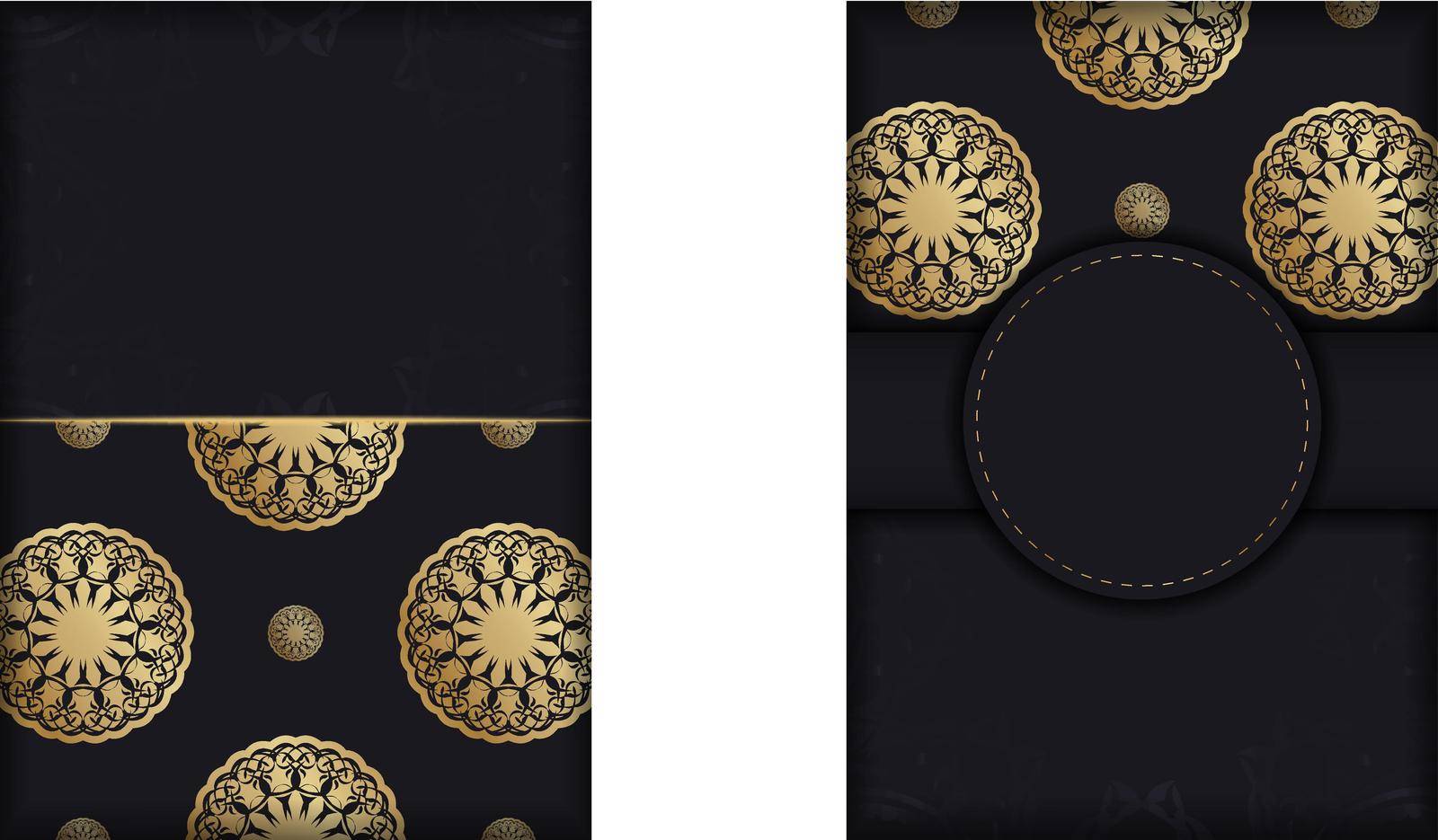 Black postcard with luxurious gold ornamentation is ready for printing.