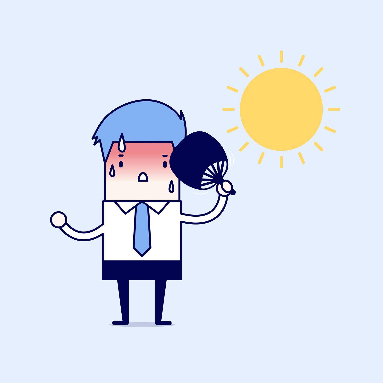 Businessman very hot with folding fan blow and the sun. Cartoon character thin line style vector.