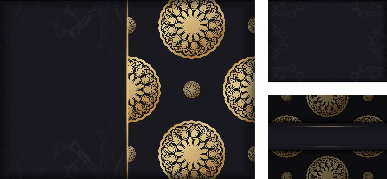 Black postcard with luxurious gold ornaments for your design.