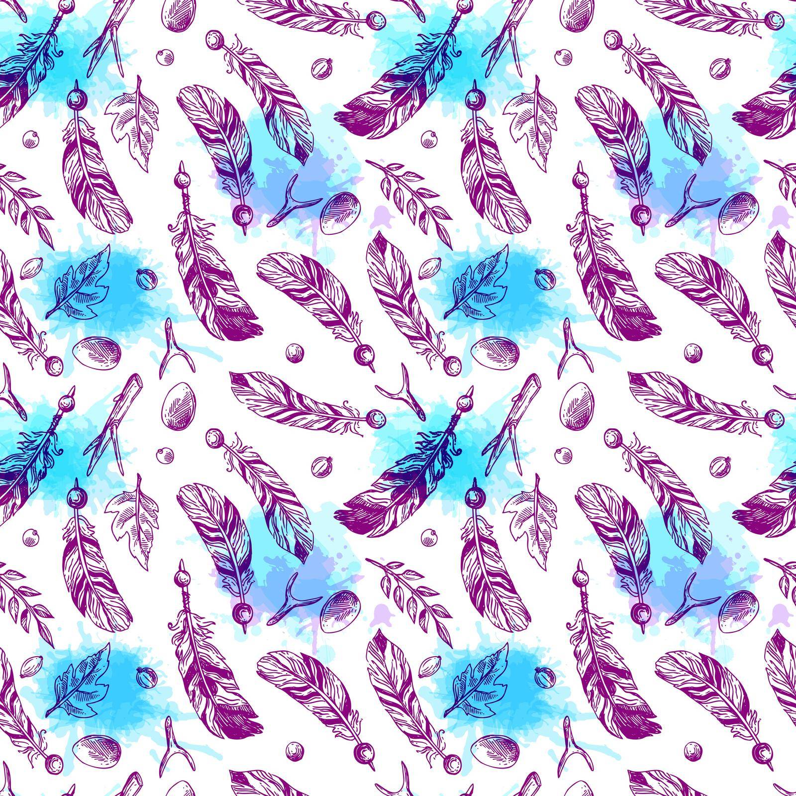 Hand drawn vector seamless pattern with feathers. Boho style drawing.