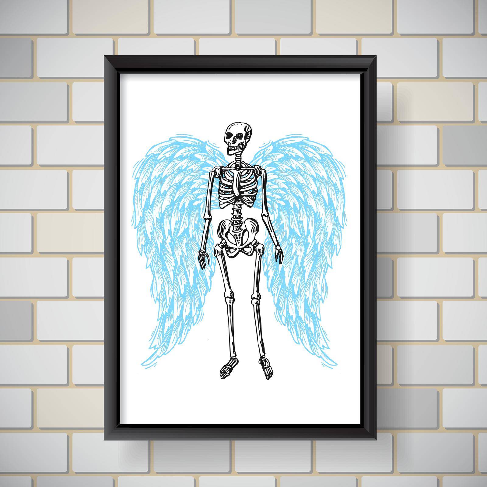 Interior poster with skeleton with wings. Hand drawn vector illustration.
