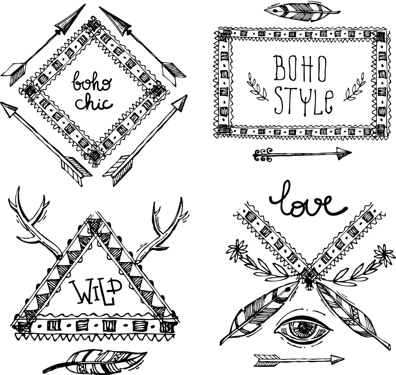 Set of Boho Style hand drawn elements. Boho vector illustration. Tribal elements for boho wedding.